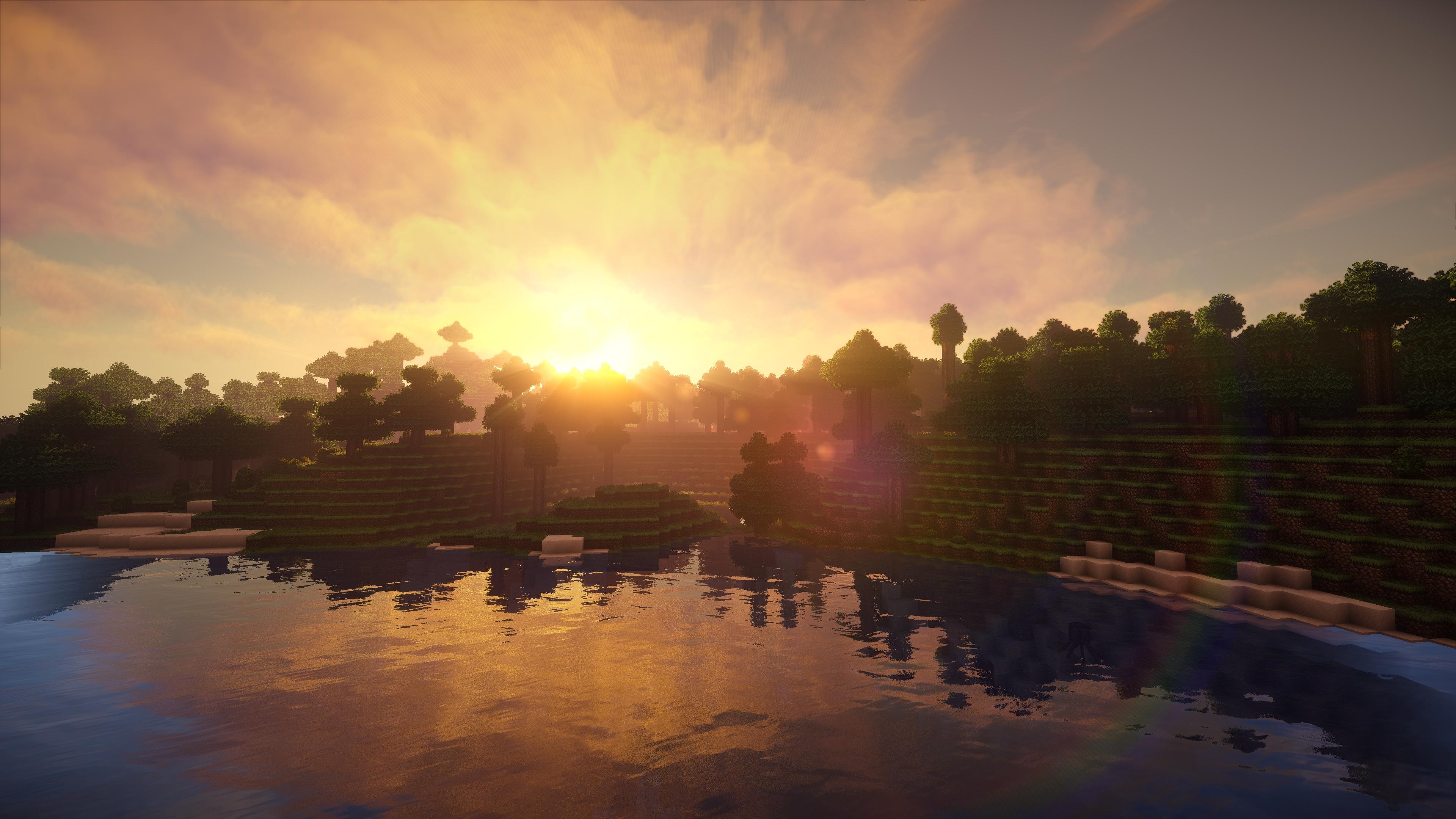 Minecraft forest biome, reflective shader lake, golden sunset sky, 4K Desktop wallpaper