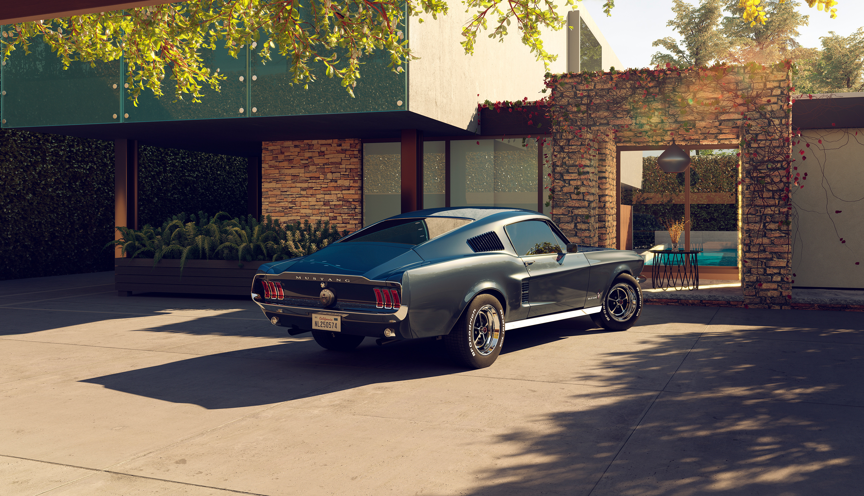 1967 Ford Mustang Fastback, Modern stone-clad villa, Sunlit concrete driveway, HD Desktop wallpaper