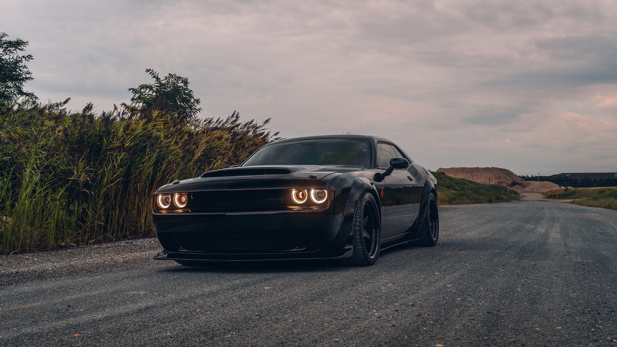 Dodge Challenger SRT Demon, halo headlights, gravel road, HD Desktop wallpaper