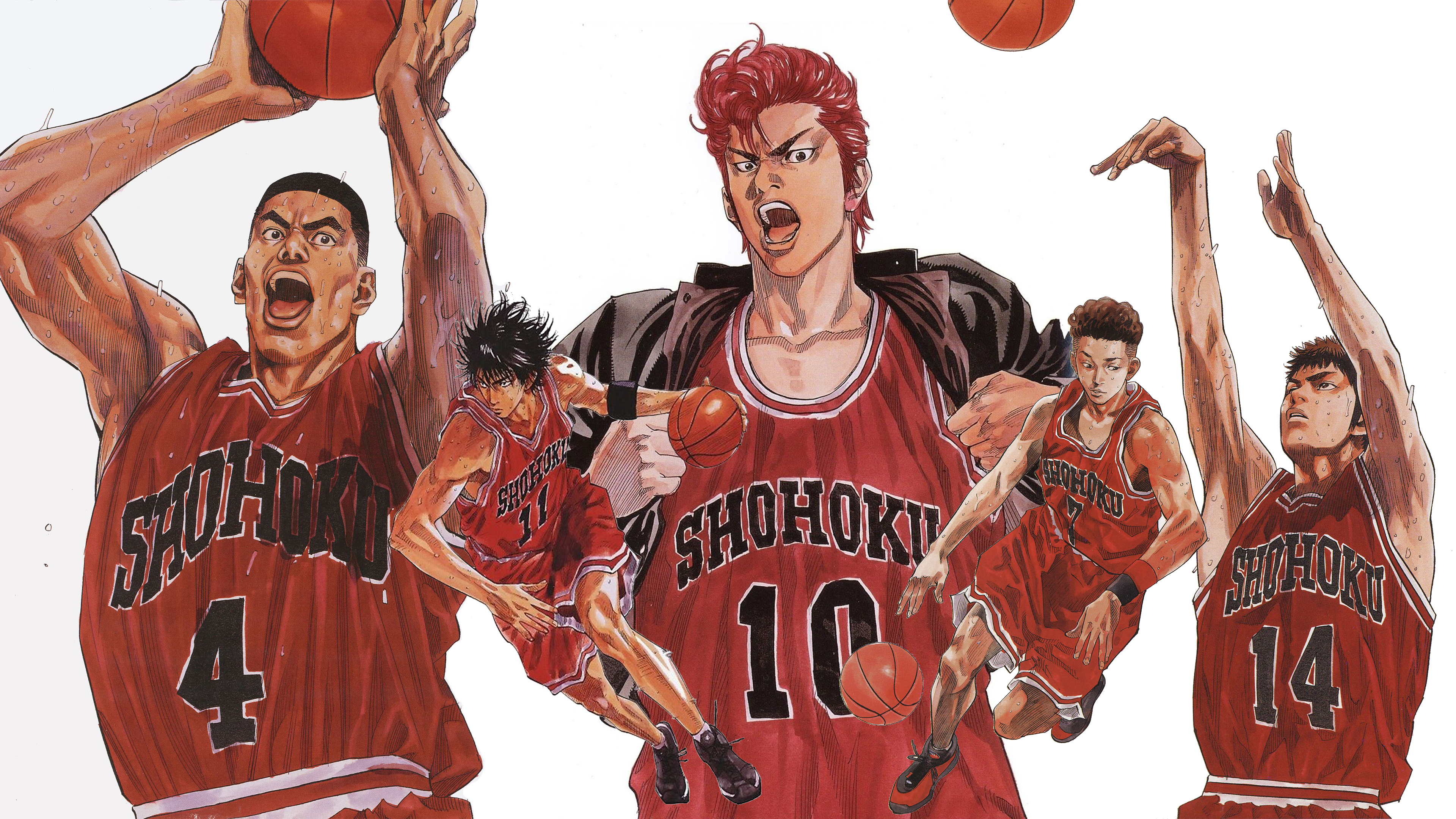 Hanamichi Sakuragi, Takenori Akagi, Kaede Rukawa, Hisashi Mitsui, Ryota Miyagi, 4K Desktop wallpaper
