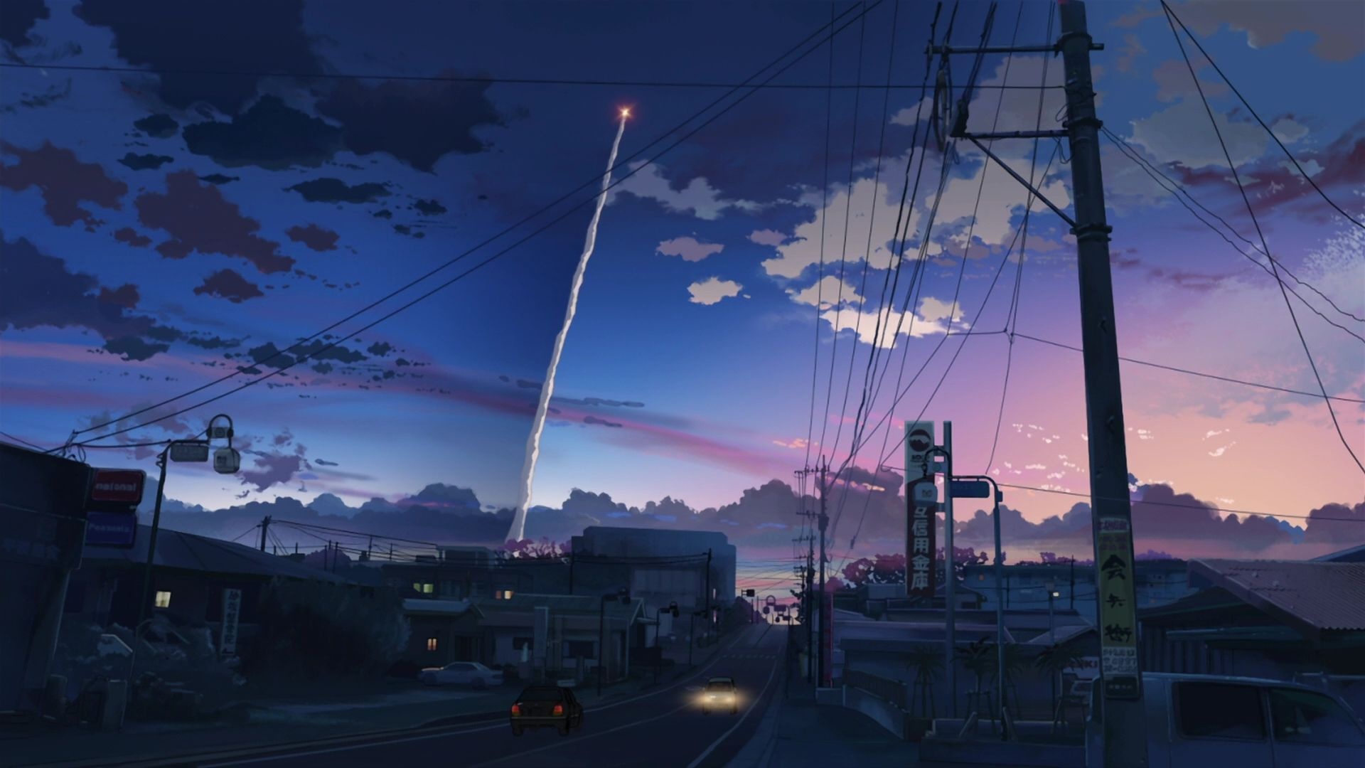 5 Centimeters per Second, rocket launch smoke trail, twilight Japanese street, Full HD Desktop wallpaper