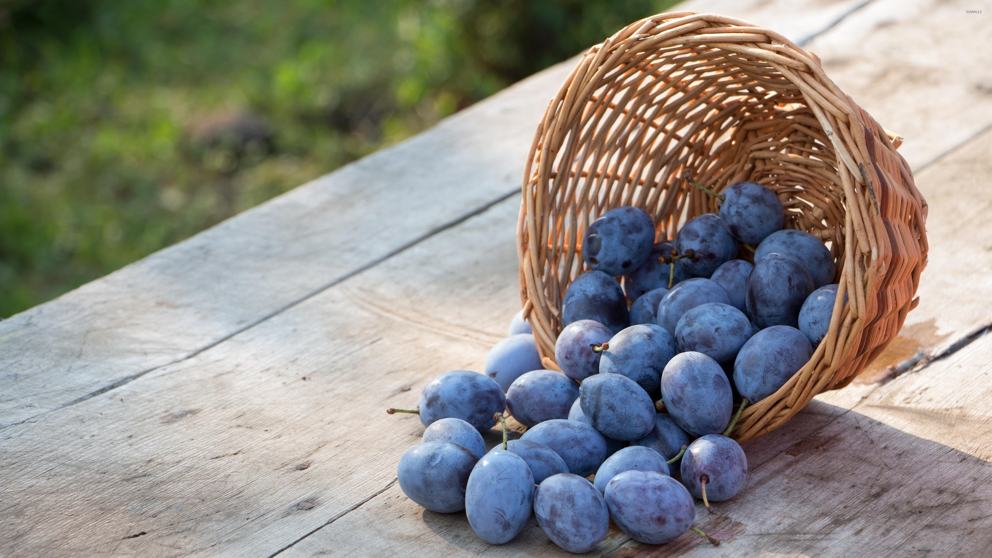 Plum spillage, Natural beauty, Wooden table, Captivating photography, 3840x2160 4K Desktop