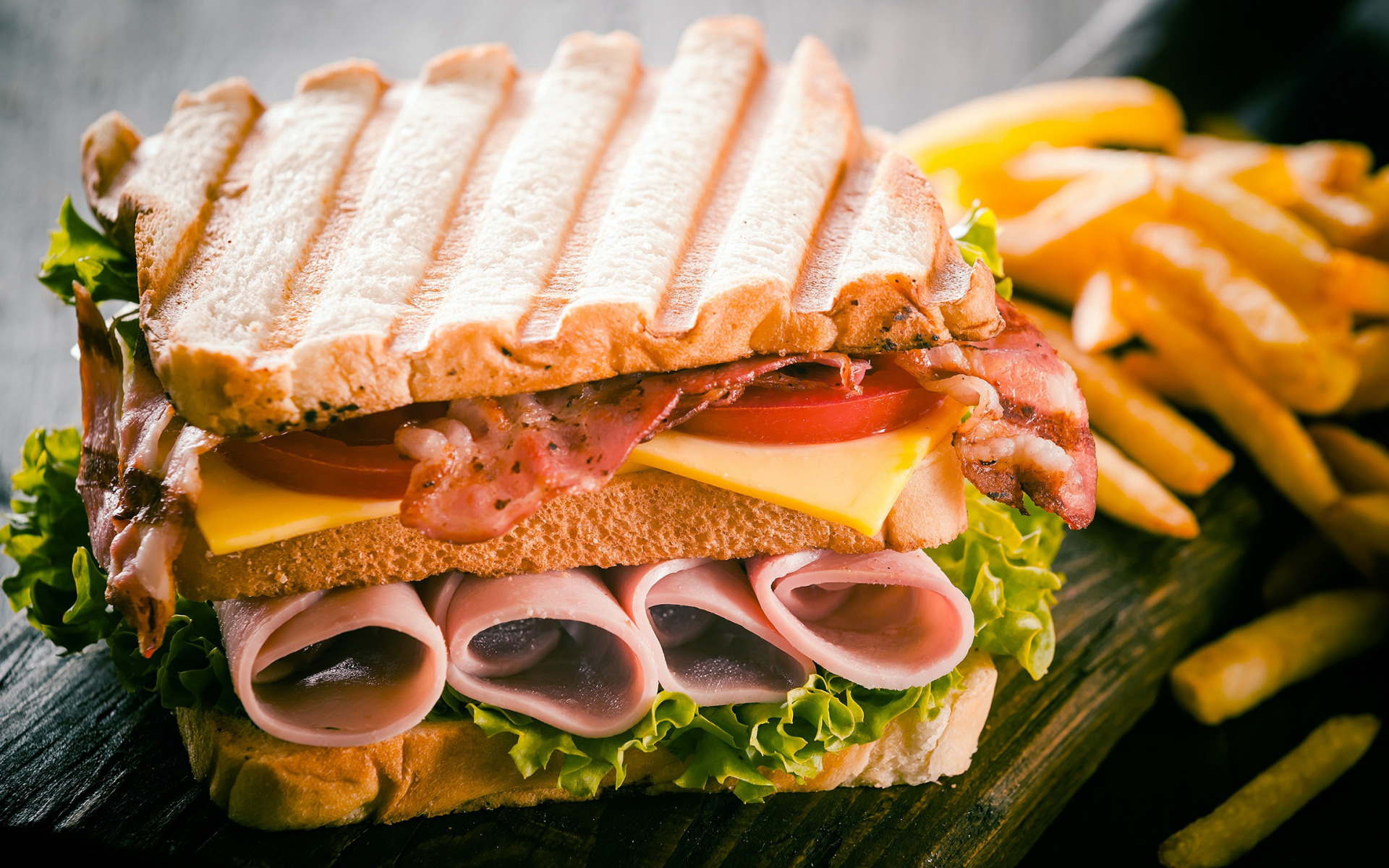 Delicious ham sandwich, Fast food favorite, Double sandwich delight, Savory fries, 1920x1200 HD Desktop