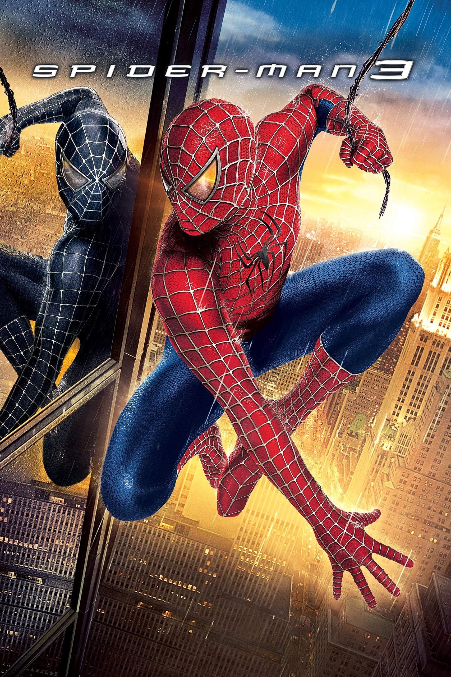 Spider-Man 3 title text, Classic Spider-Man suit, Symbiote Spider-Man reflection, New York City skyline, HD Phone wallpaper