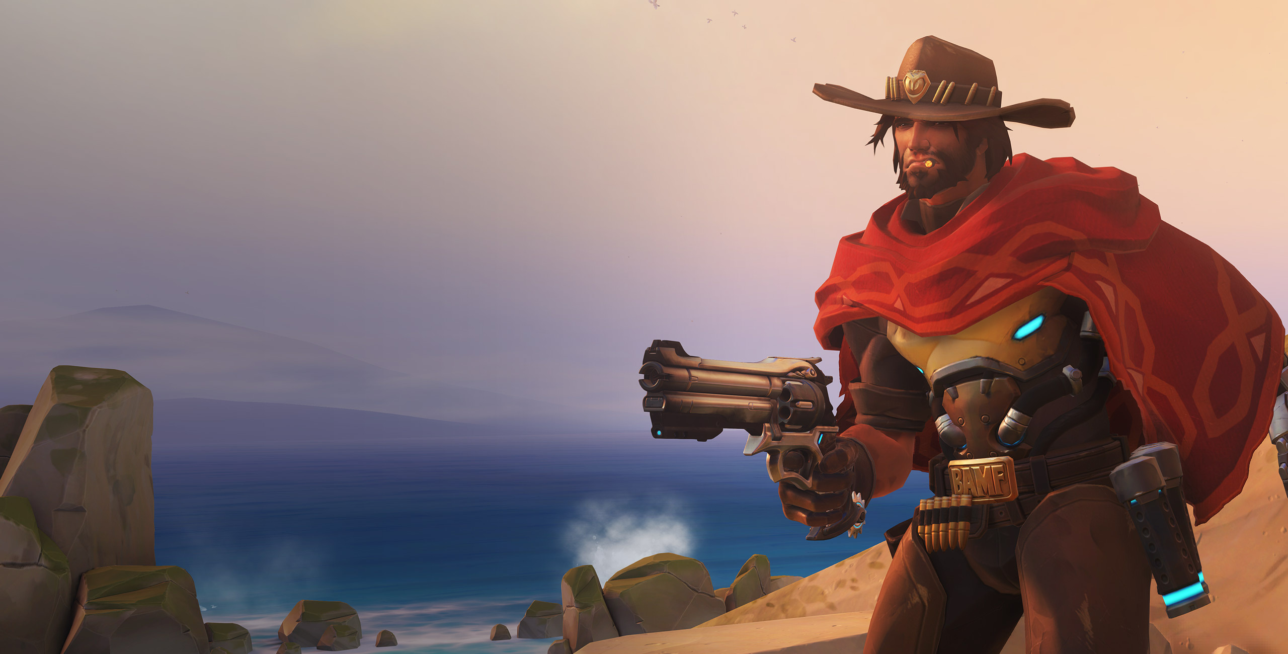 McCree, Overwatch trading card, Hero details, Unique abilities, 2560x1300 HD Desktop