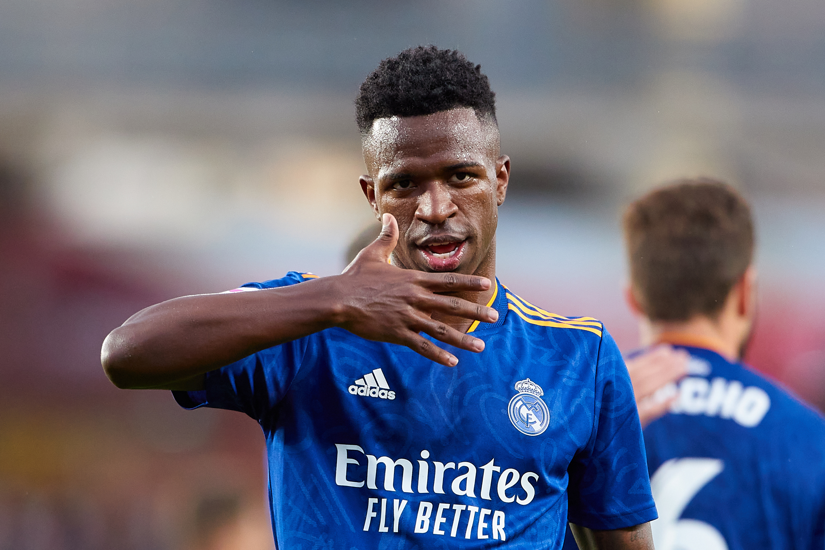 Vinícius Júnior, Real Madrid blue kit, Hand celebration gesture, HD Desktop wallpaper