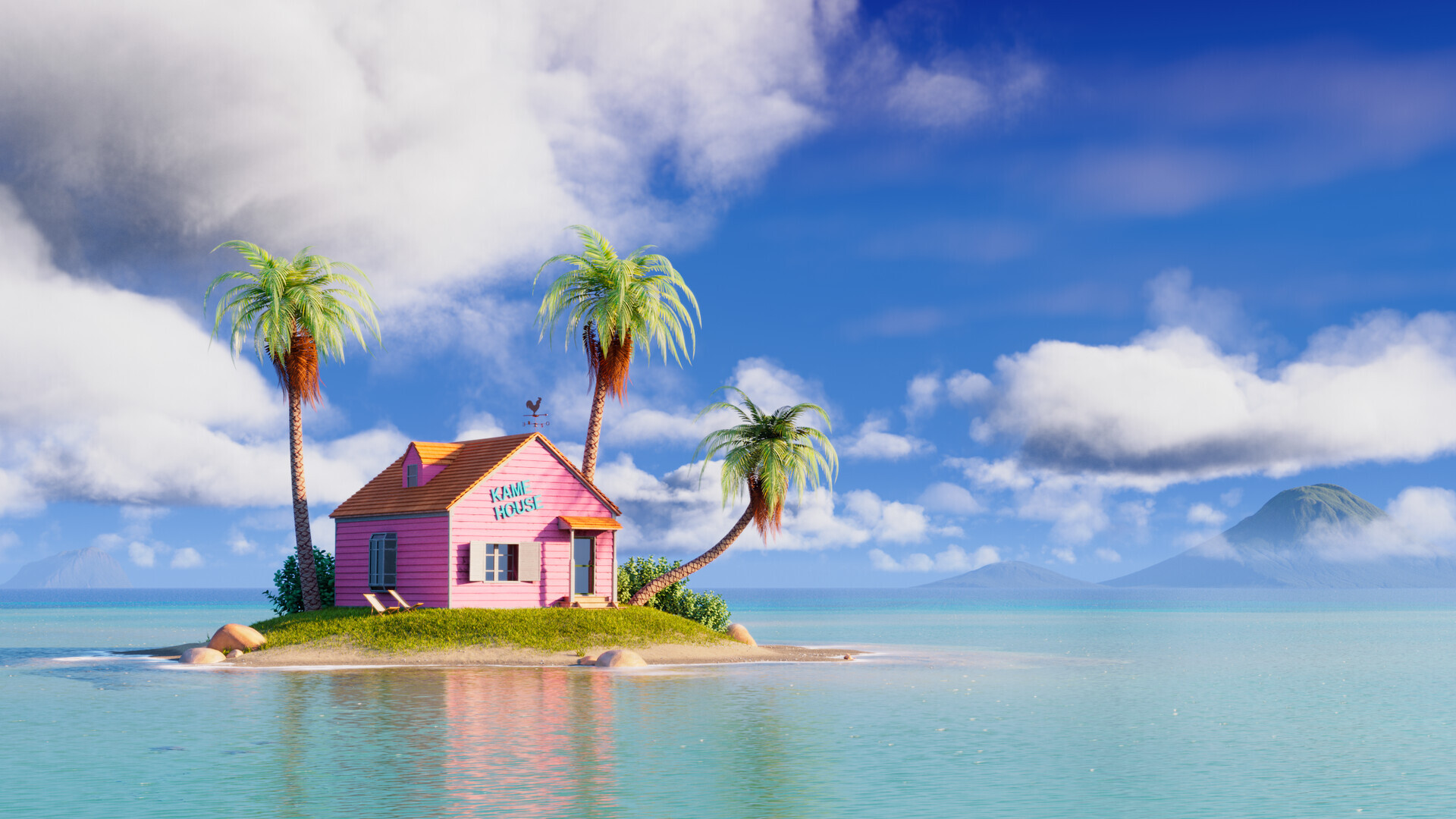 Kame House, Palm trees, Small island, Turquoise sea, Full HD Desktop wallpaper
