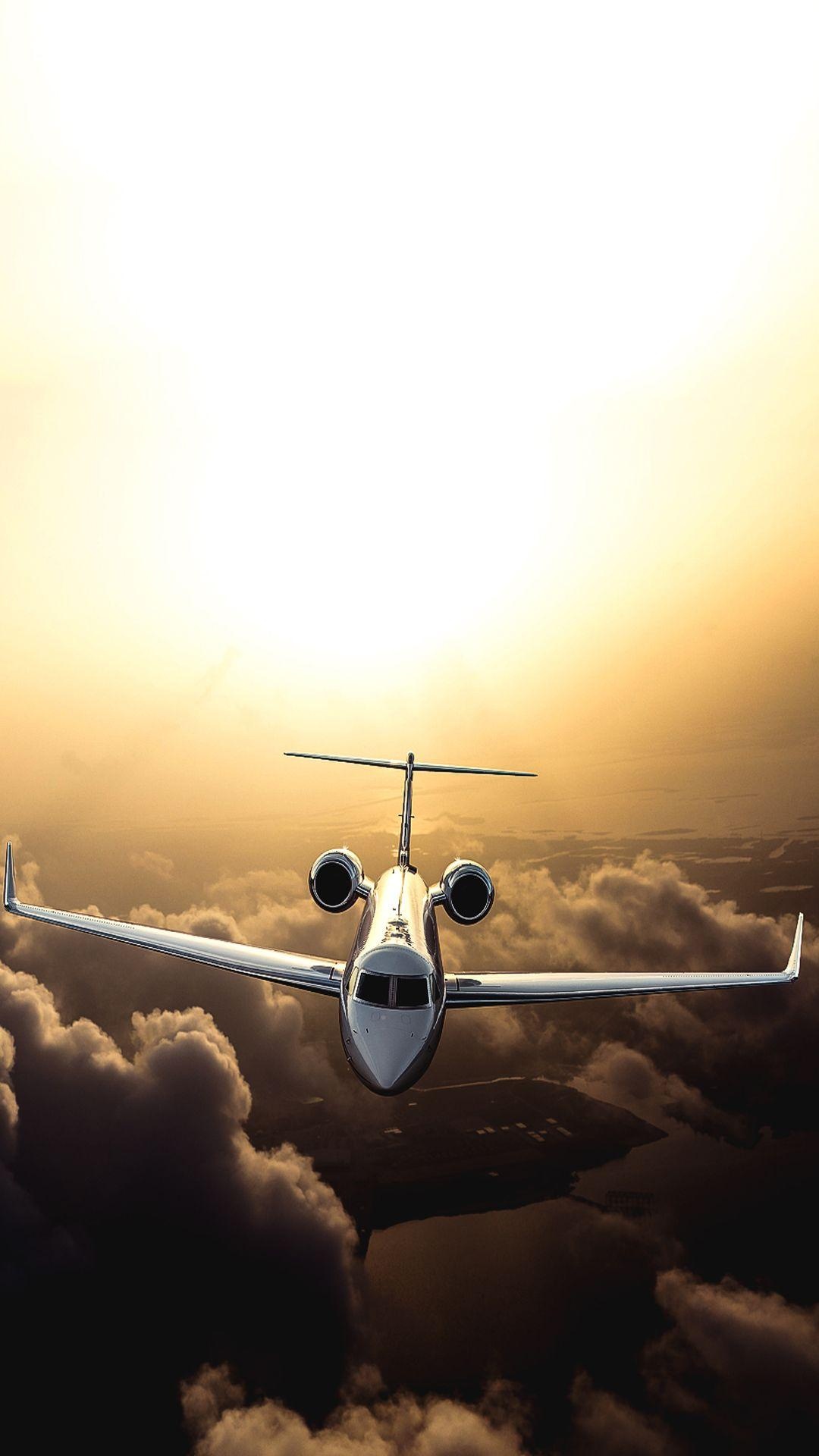 Gulfstream business jet, Sunset cloudscape, High-altitude golden hour, Full HD Phone wallpaper