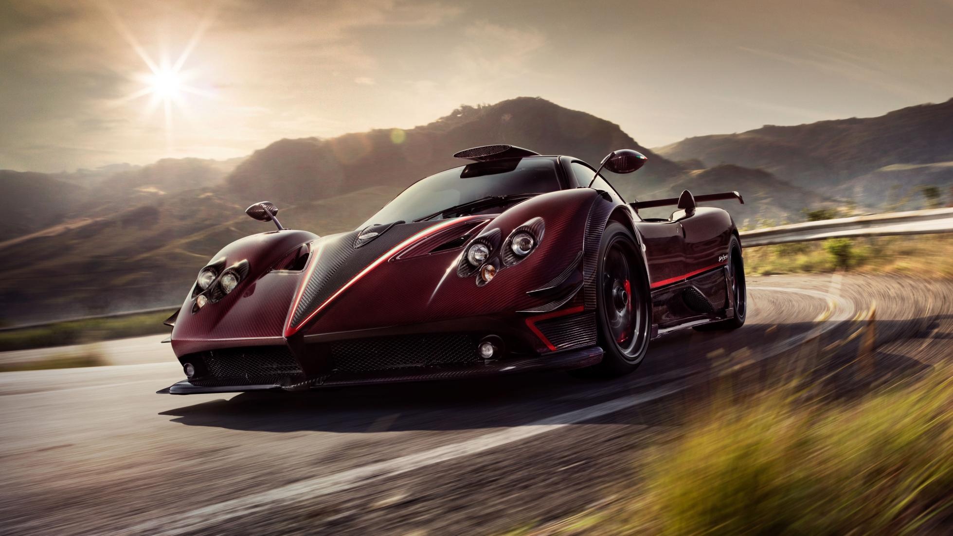 Pagani Zonda Fantasma Evo, winding mountain road, golden hour sunlight, HD Desktop wallpaper