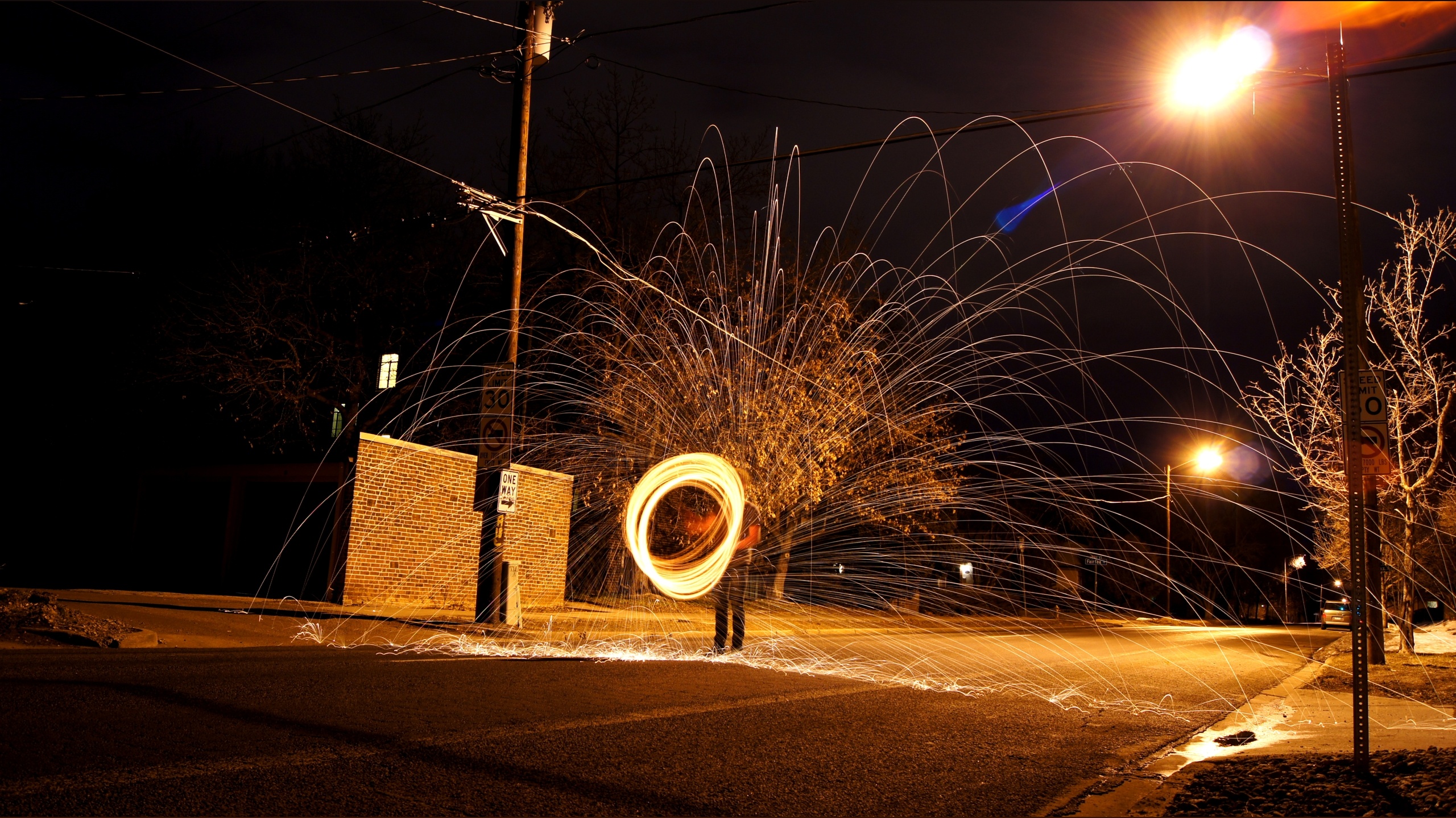 Juggling fire artistry, Fascinating visual spectacle, Skills in motion, Stunning performance, 2560x1440 HD Desktop