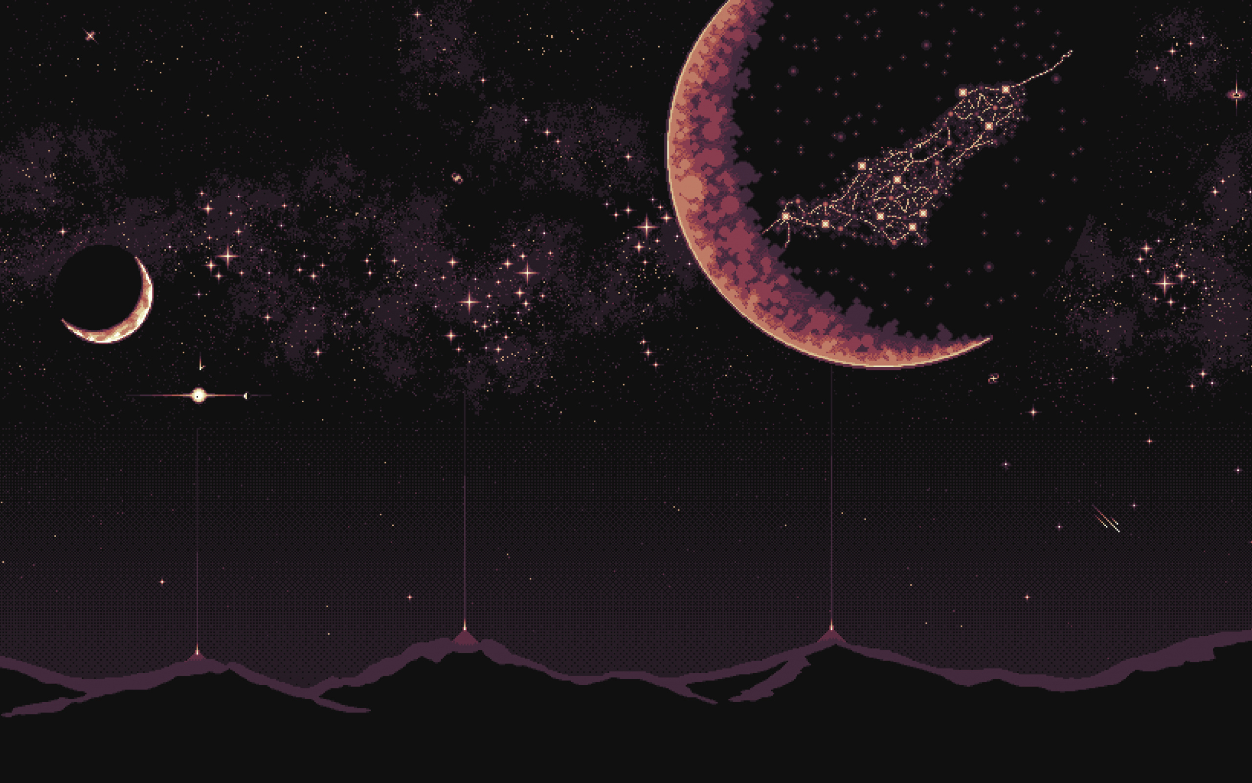 pixel art crescent planet, silhouetted mountain light beams, pixel constellation night sky, HD Desktop wallpaper