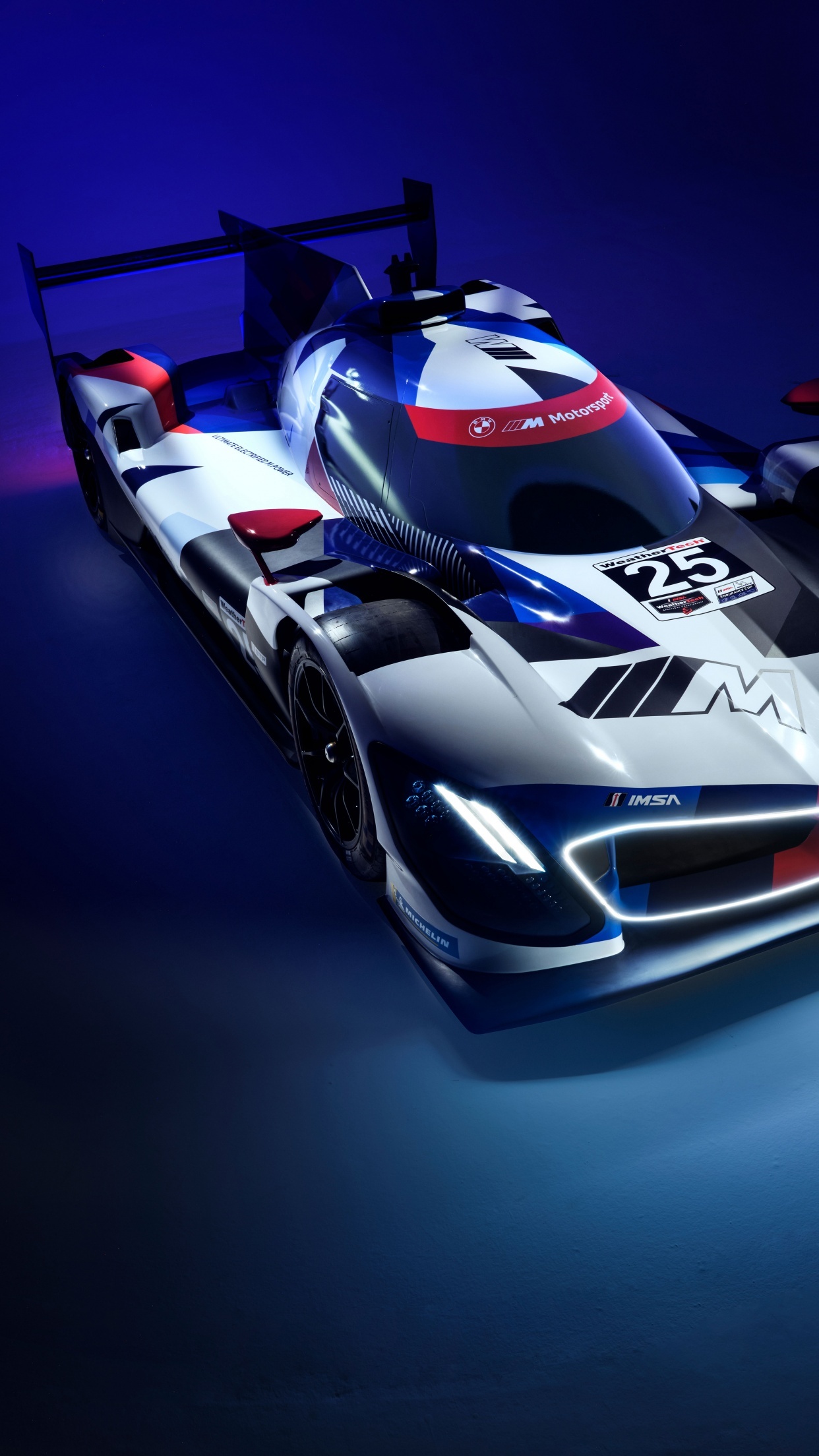 BMW M Hybrid V8, BMW M Motorsport livery, Blue studio lighting, HD Phone wallpaper