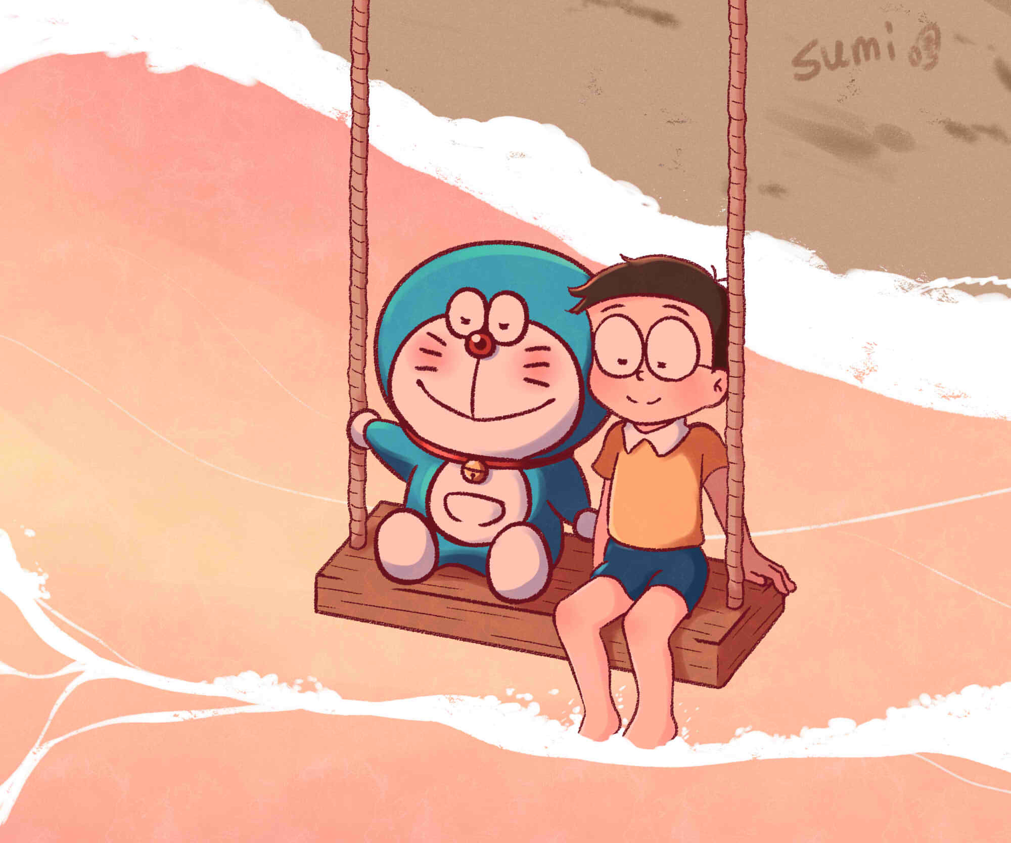 Doraemon, Nobita Nobi, wooden beach swing, HD Desktop wallpaper