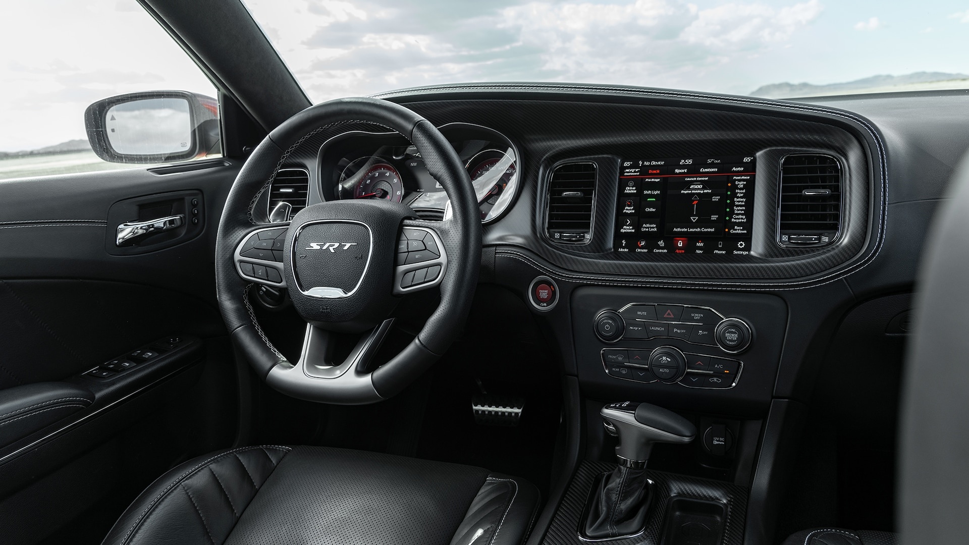 Dodge Charger SRT Hellcat interior, SRT leather steering wheel, Uconnect infotainment screen, Full HD Desktop wallpaper