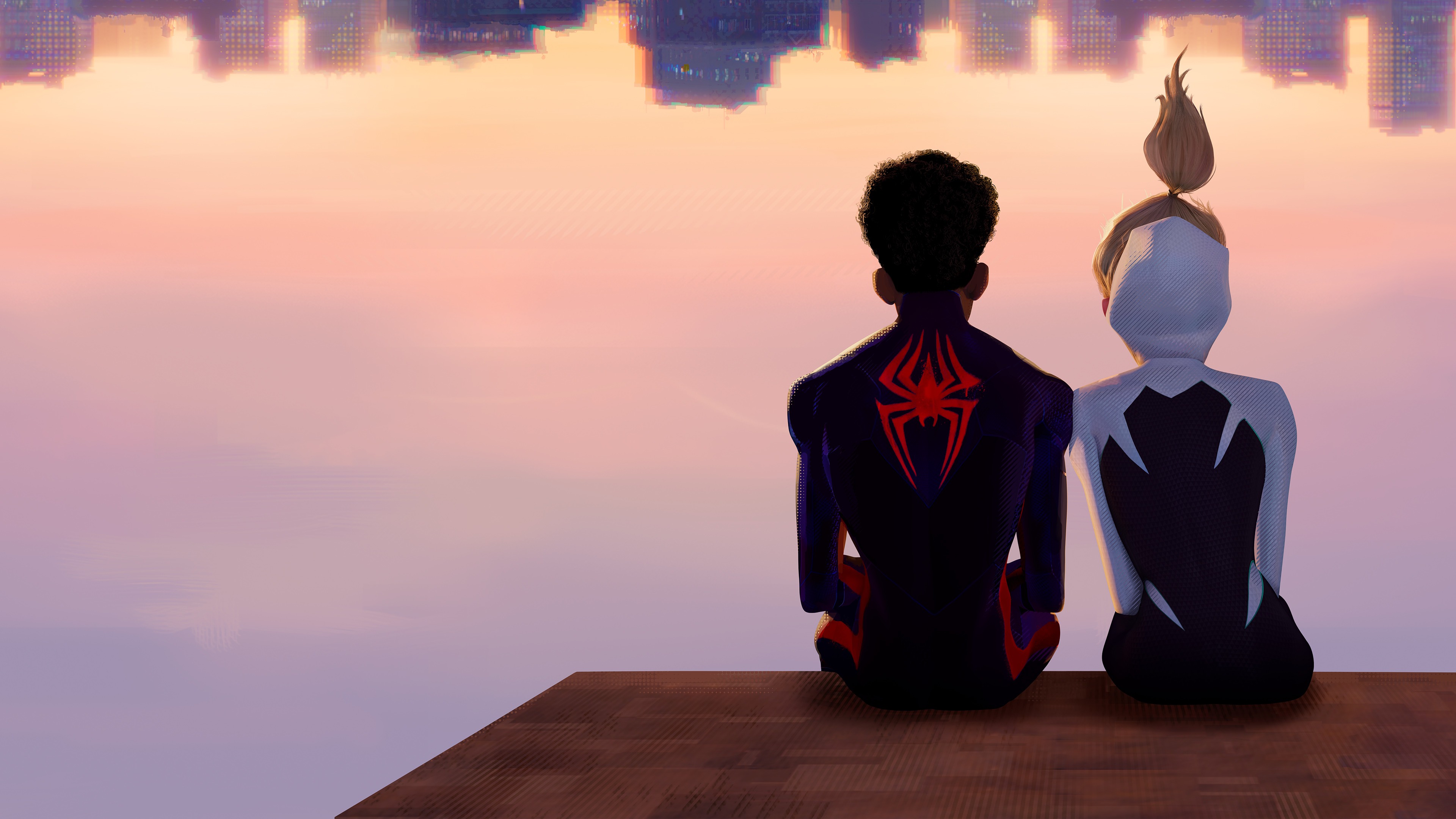 Across the Spider-Verse, Miles Morales, Spider-Gwen (Gwen Stacy), Pastel sunset gradient, Inverted cityscape background, 4K Desktop wallpaper