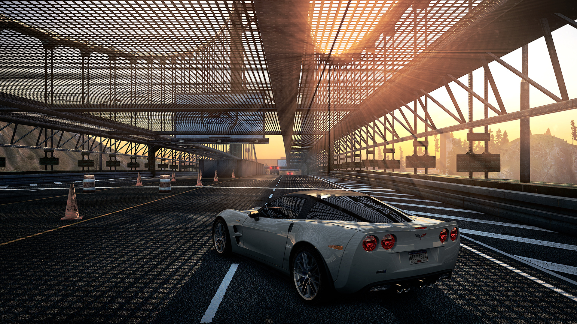 Chevrolet Corvette ZR1, Steel truss bridge, NEED4SPD license plate, Full HD Desktop wallpaper