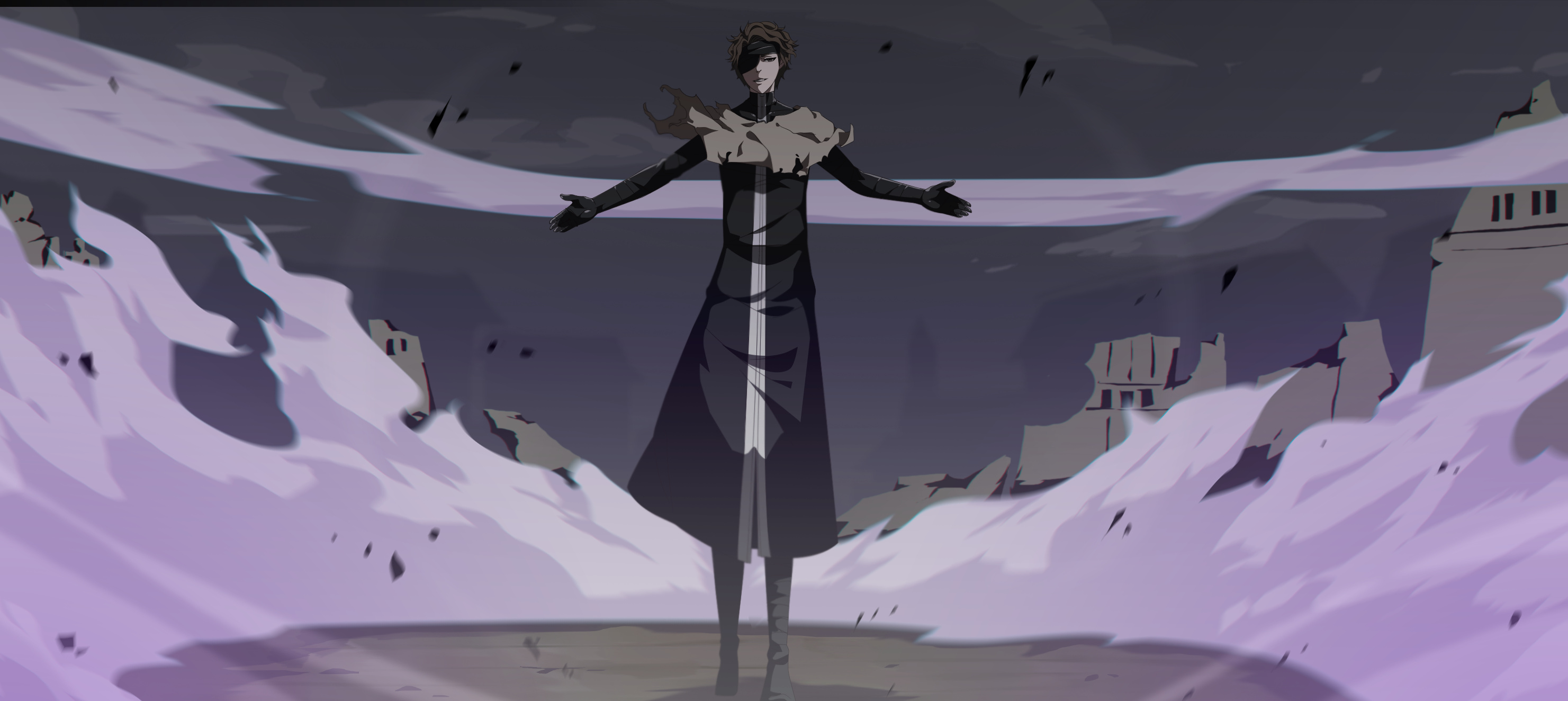 Sosuke Aizen, Bleach Thousand-Year Blood War, purple reiatsu aura, Dual Screen Desktop wallpaper