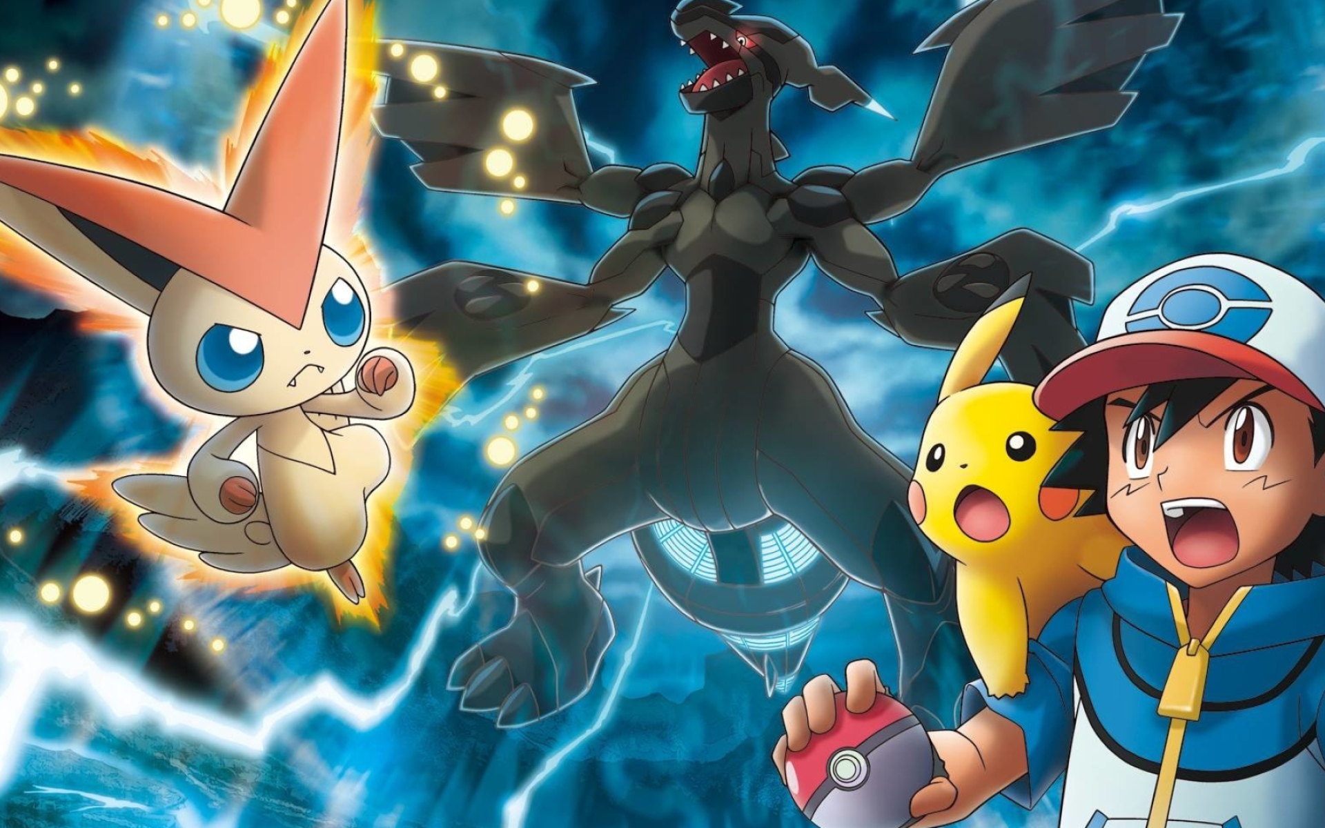 Pikachu, Ash Ketchum, Zekrom, Victini, HD Desktop wallpaper