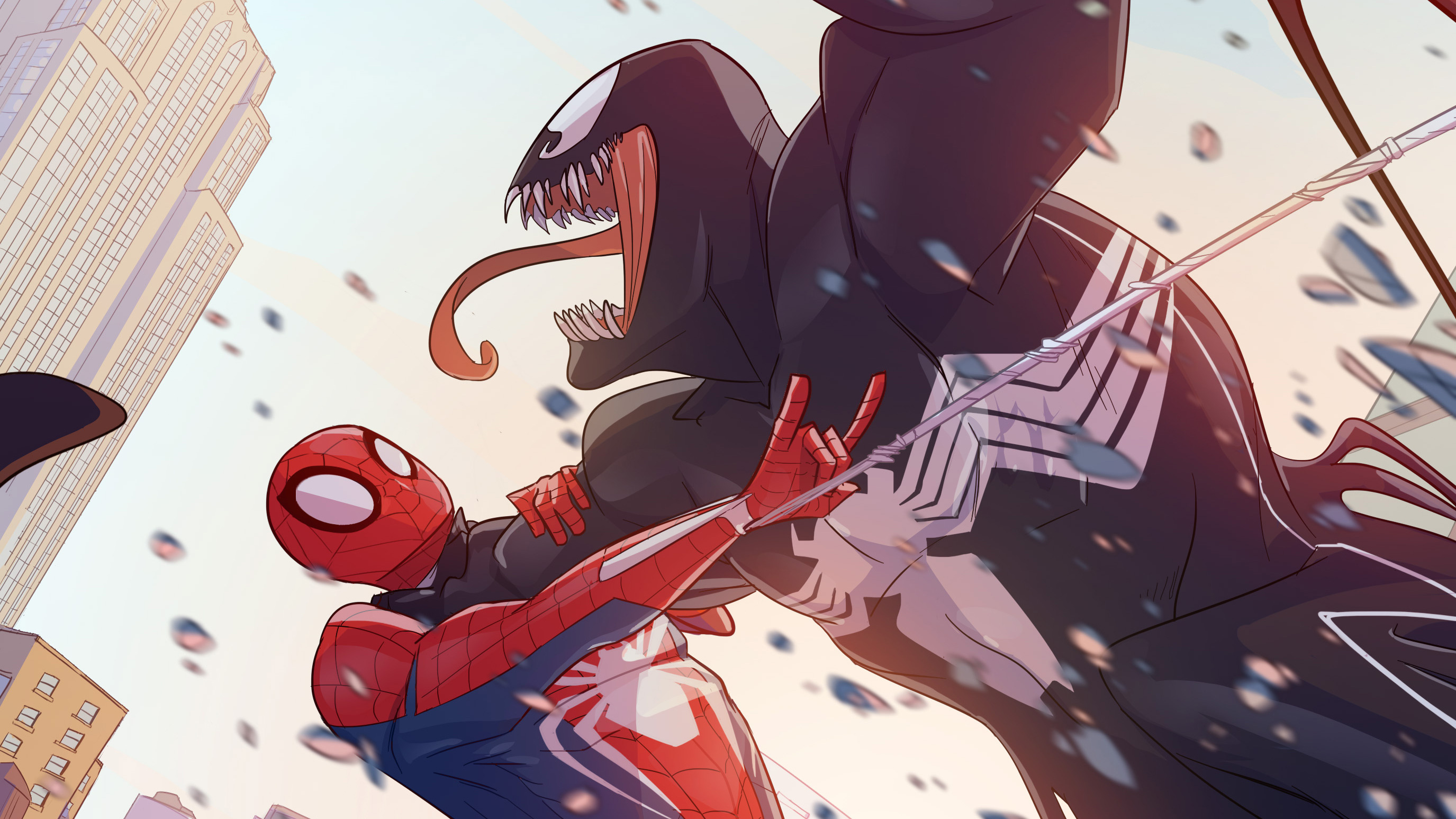 Spider-Man Advanced Suit, Venom, City skyscraper background, HD Desktop wallpaper