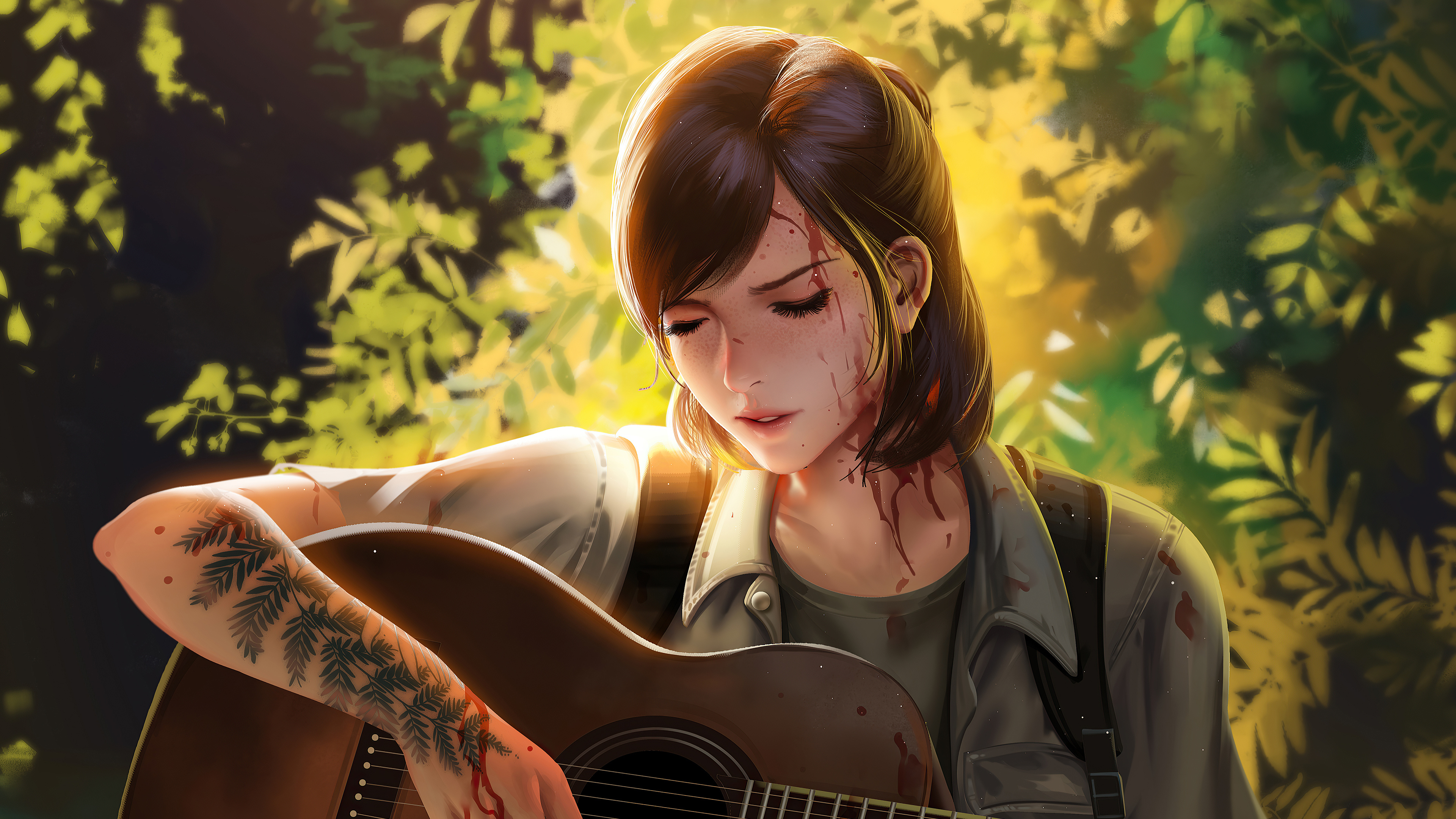Ellie Williams, acoustic guitar, fern forearm tattoo, 4K Desktop wallpaper