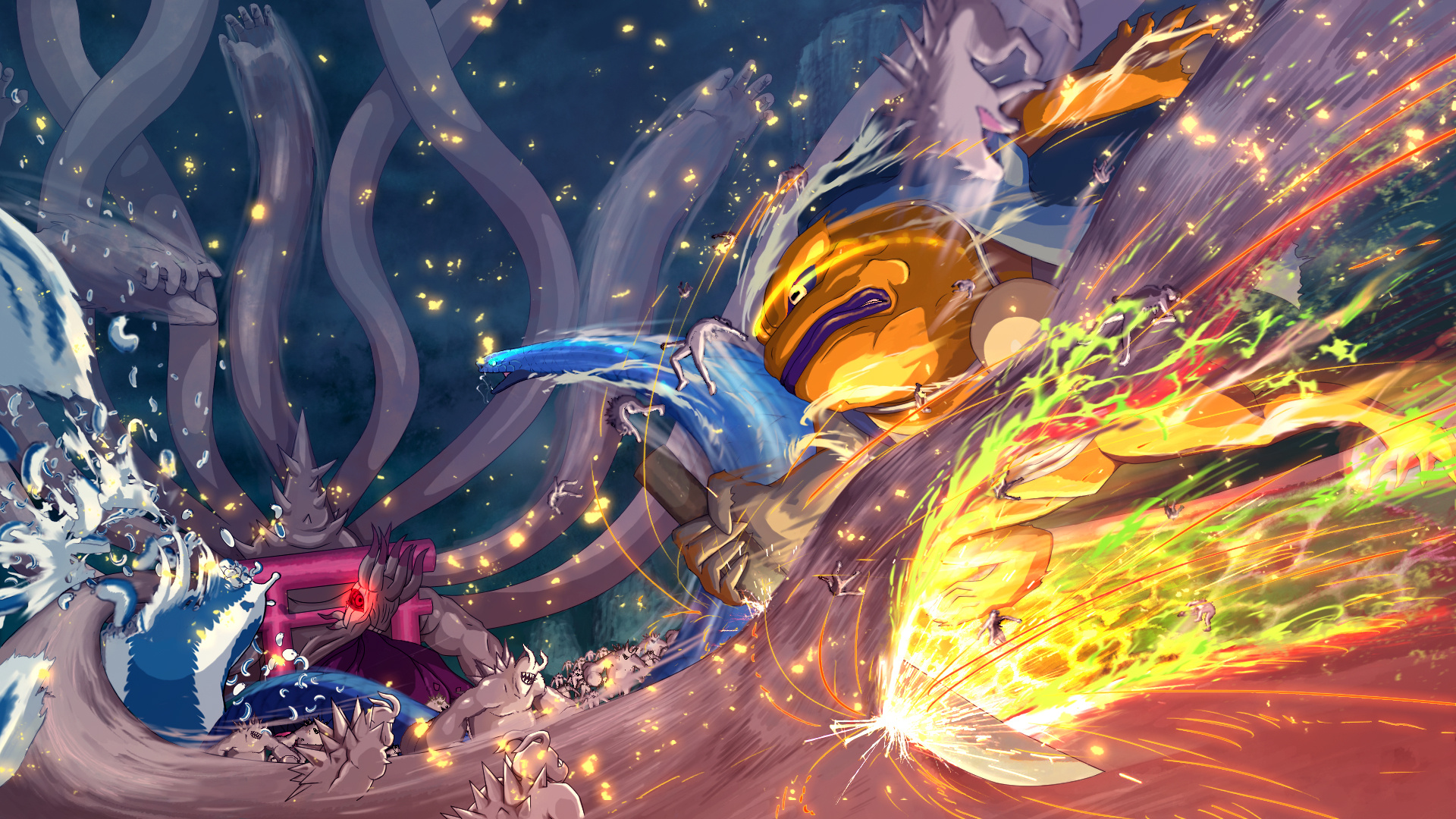 Gamakichi, Ten-Tails, Ten-Tails clones, Flaming sword slash, Full HD Desktop wallpaper