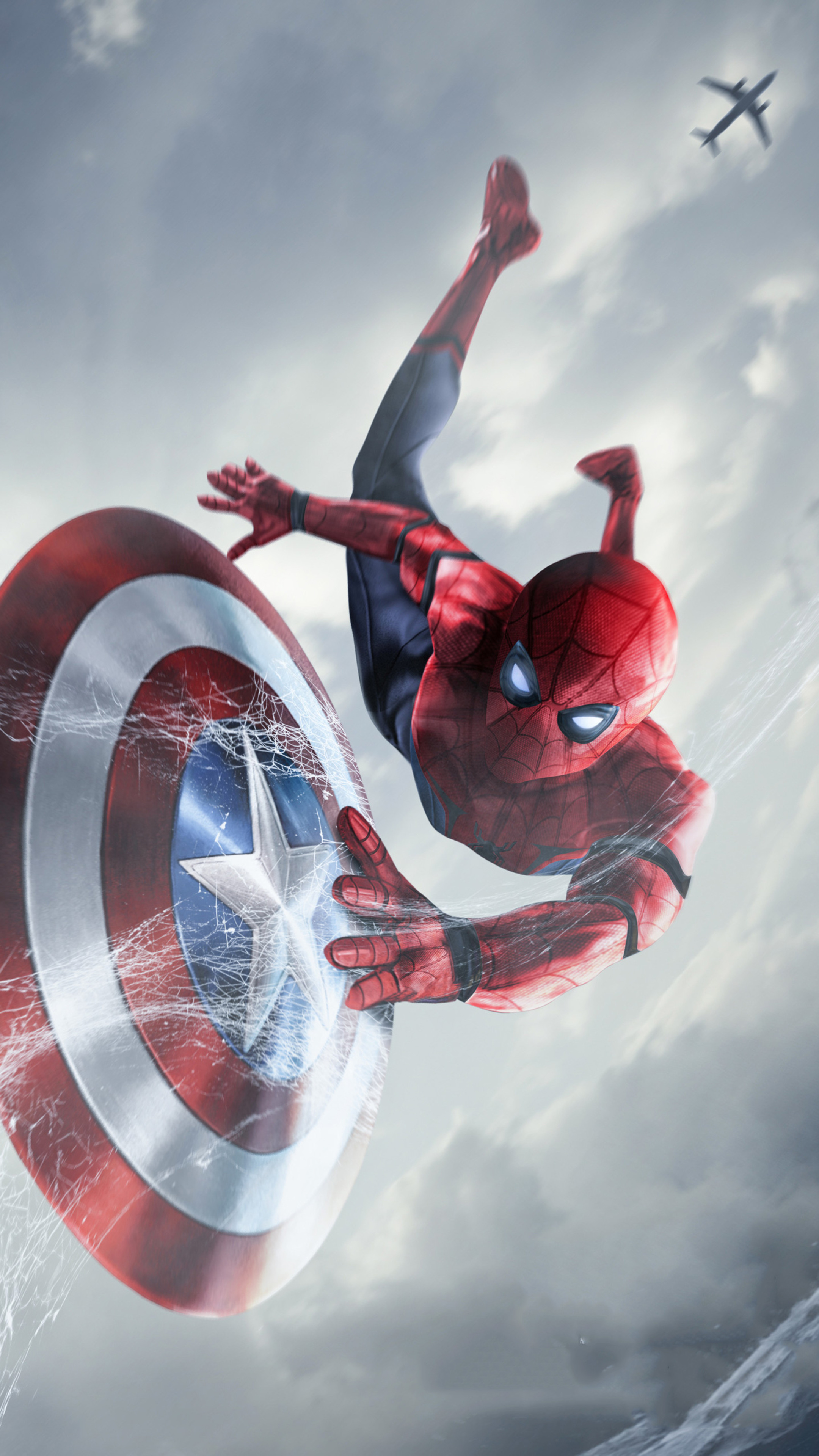 Spider-Man, Captain America's shield, spider-webbing, 4K Phone wallpaper