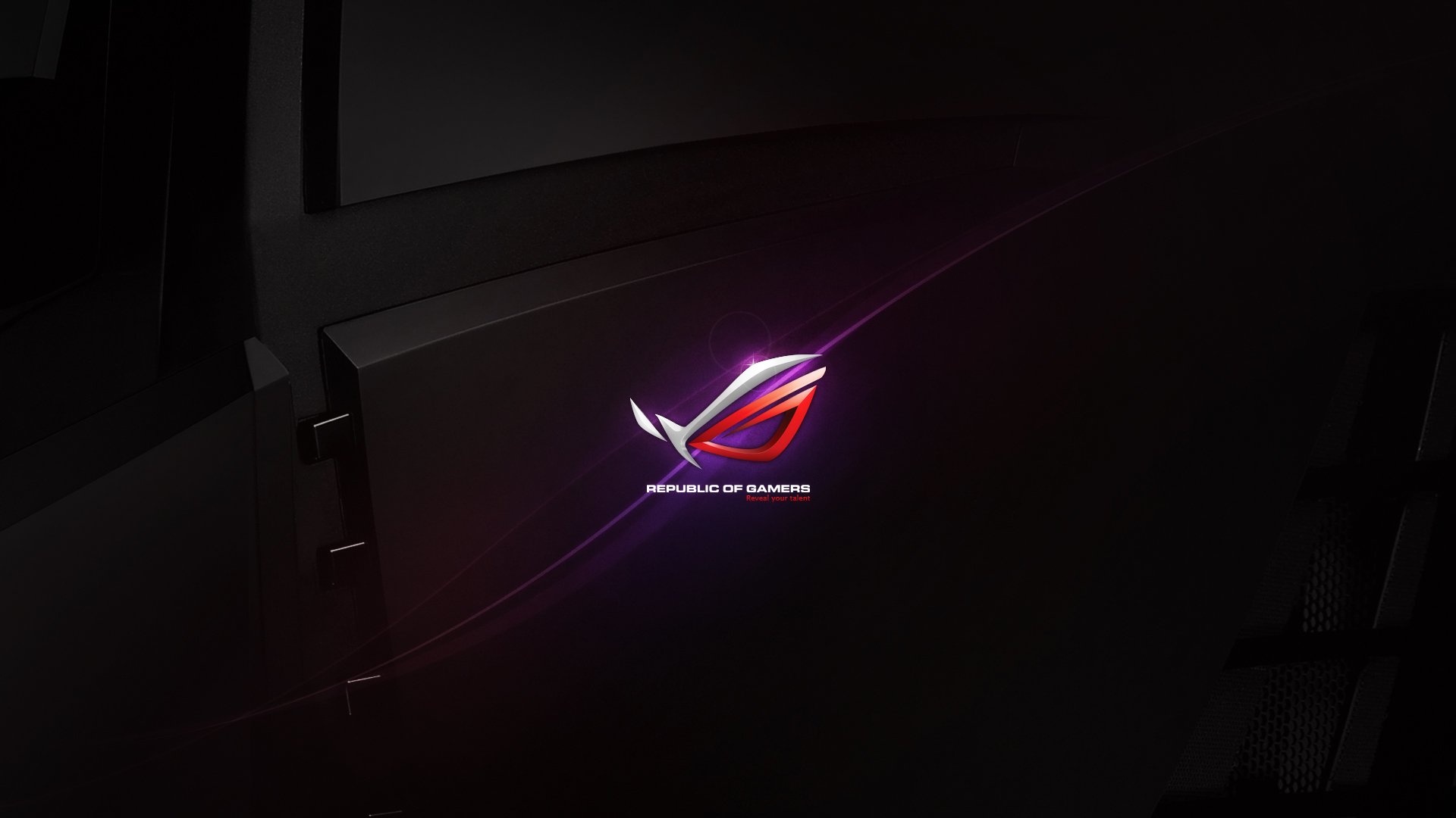 ASUS Republic of Gamers logo, Republic of Gamers lettering, Dark gaming hardware chassis, Full HD Desktop wallpaper
