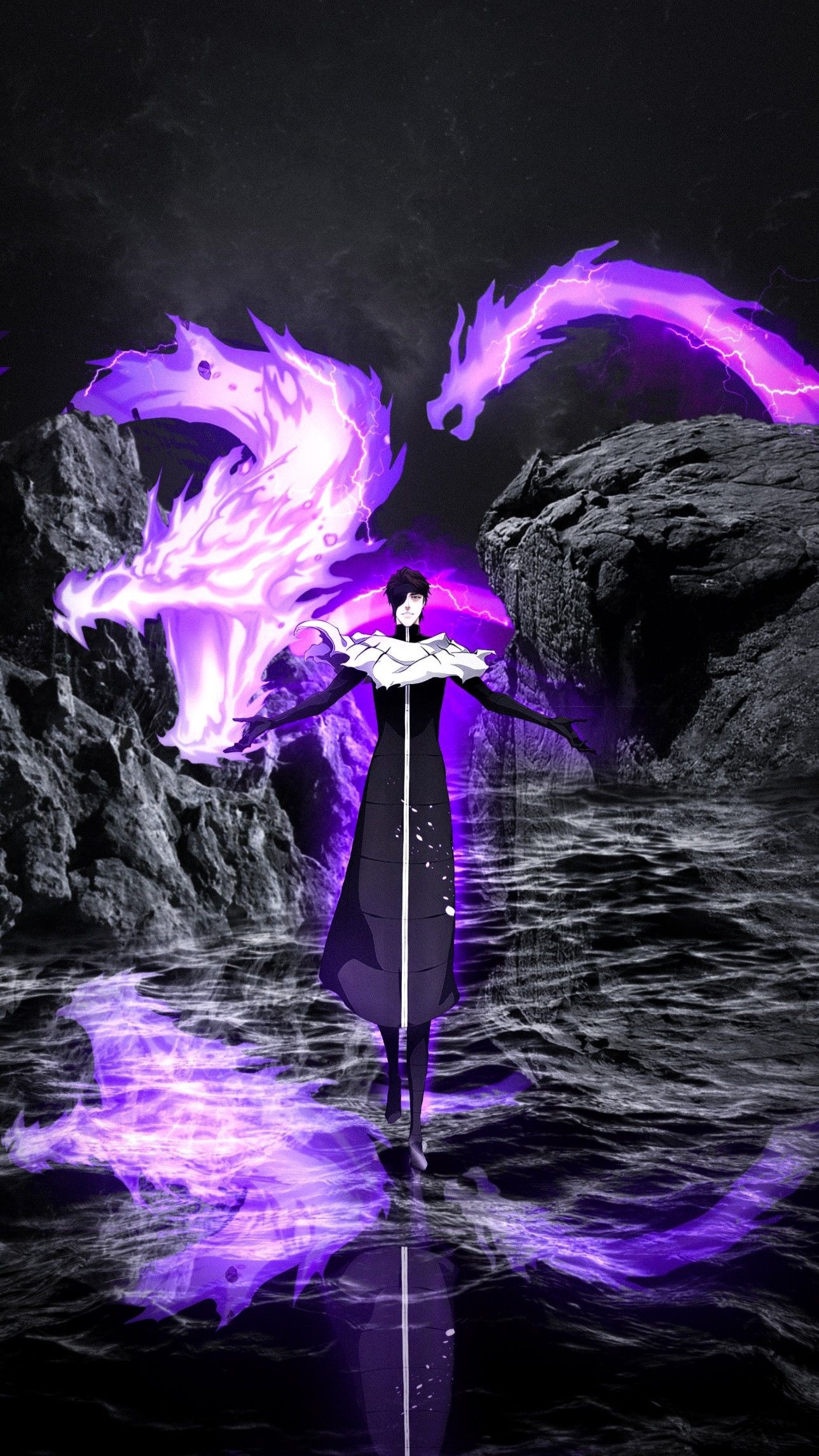 Sosuke Aizen, purple energy dragons, dark rocky sea, HD Phone wallpaper