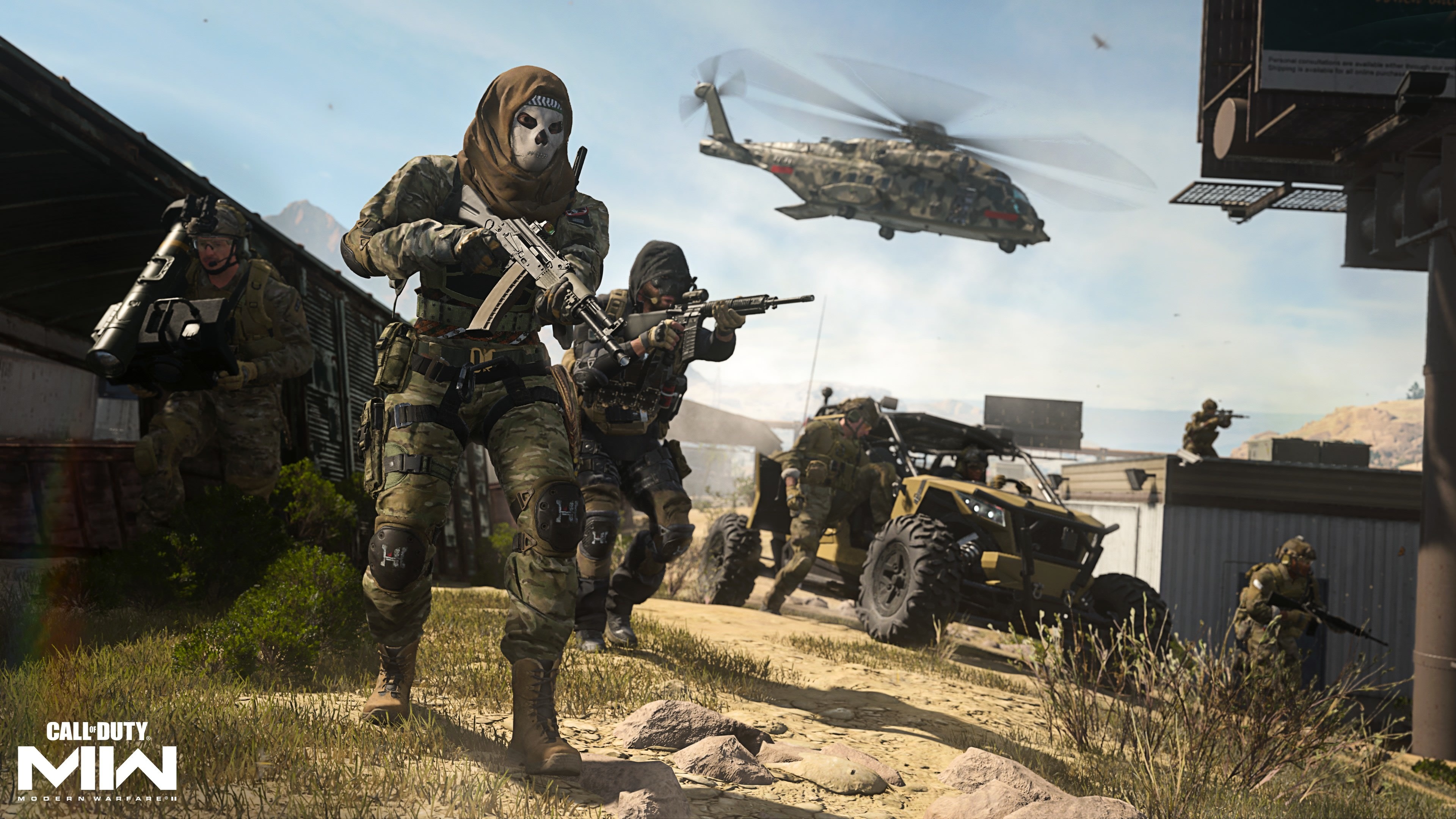 Simon Ghost Riley, Call of Duty: Modern Warfare II, Military transport helicopter, Tactical off-road vehicle, 4K Desktop wallpaper