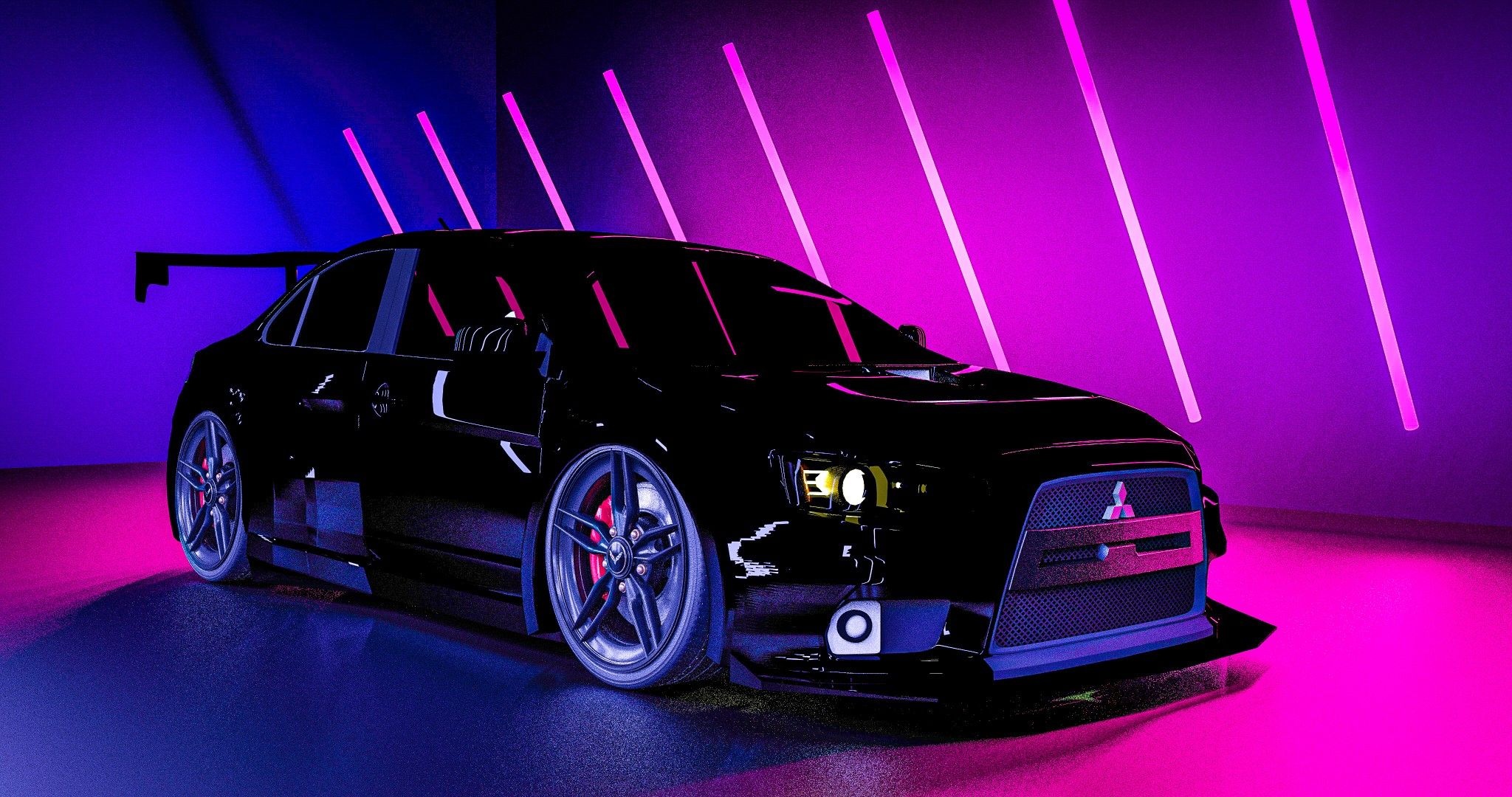 Mitsubishi Lancer Evolution X, racing GT wing, magenta neon light strips, HD Desktop wallpaper