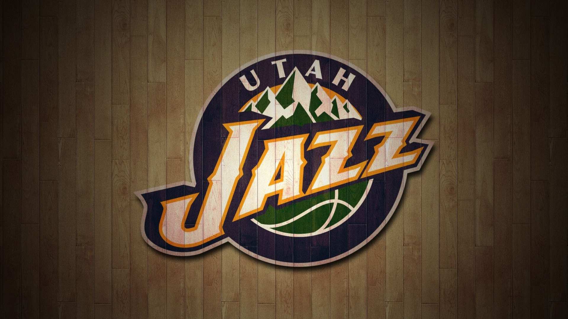 Utah Jazz mountain logo, Snowcapped peaks over basketball, Light hardwood court backdrop, Full HD Desktop wallpaper