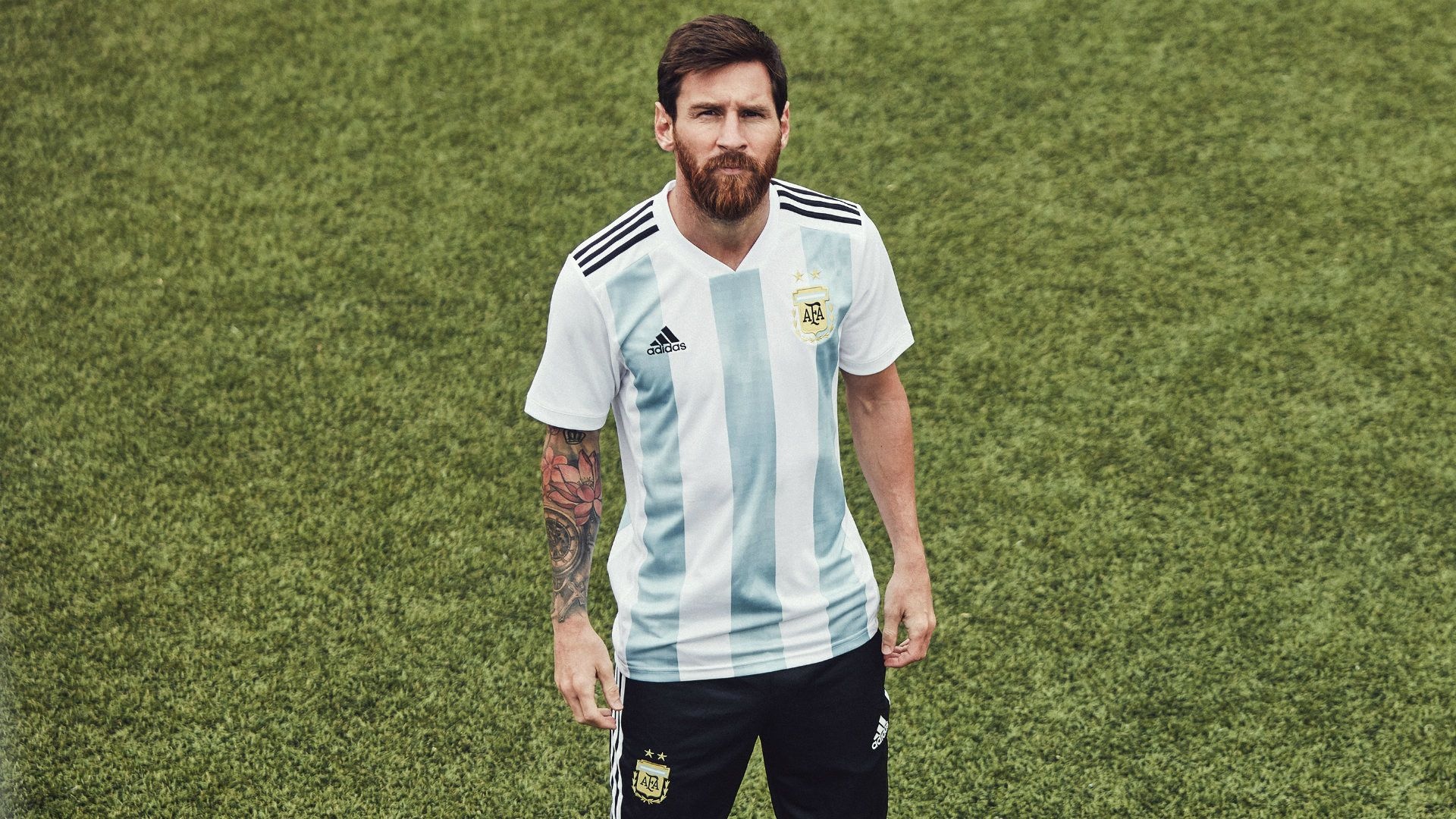 Lionel Messi, Argentina national team kit, Green grass football pitch, Full HD Desktop wallpaper