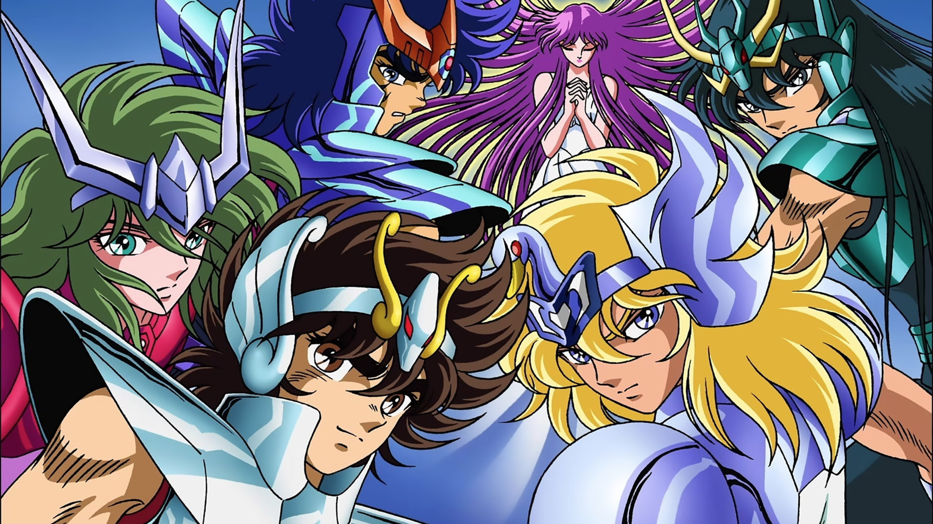 Pegasus Seiya, Cygnus Hyoga, Dragon Shiryu, Andromeda Shun, Athena Saori Kido, Full HD Desktop wallpaper