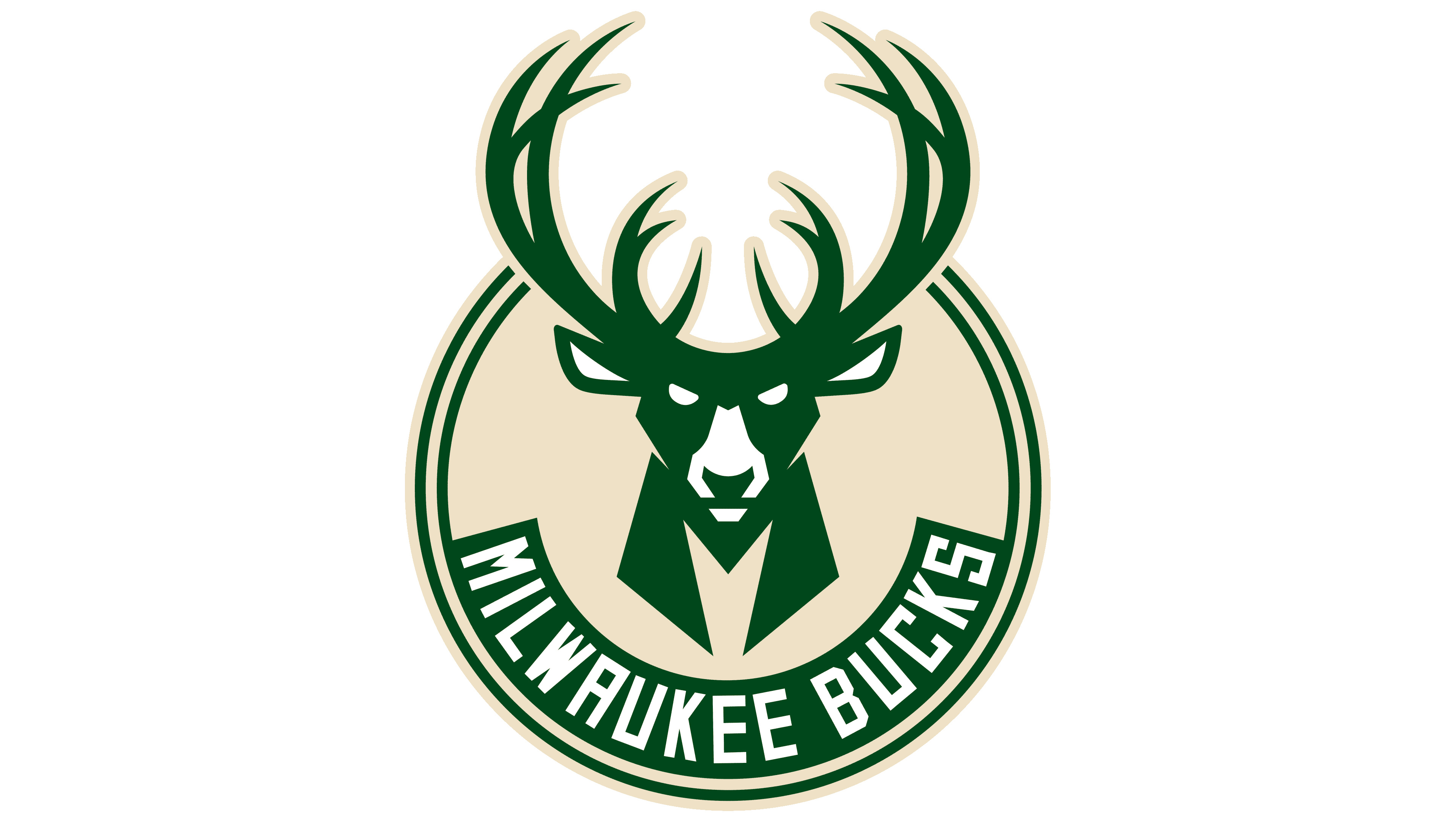 Milwaukee Bucks logo, Buck head circular emblem, Plain white backdrop, 4K Desktop wallpaper