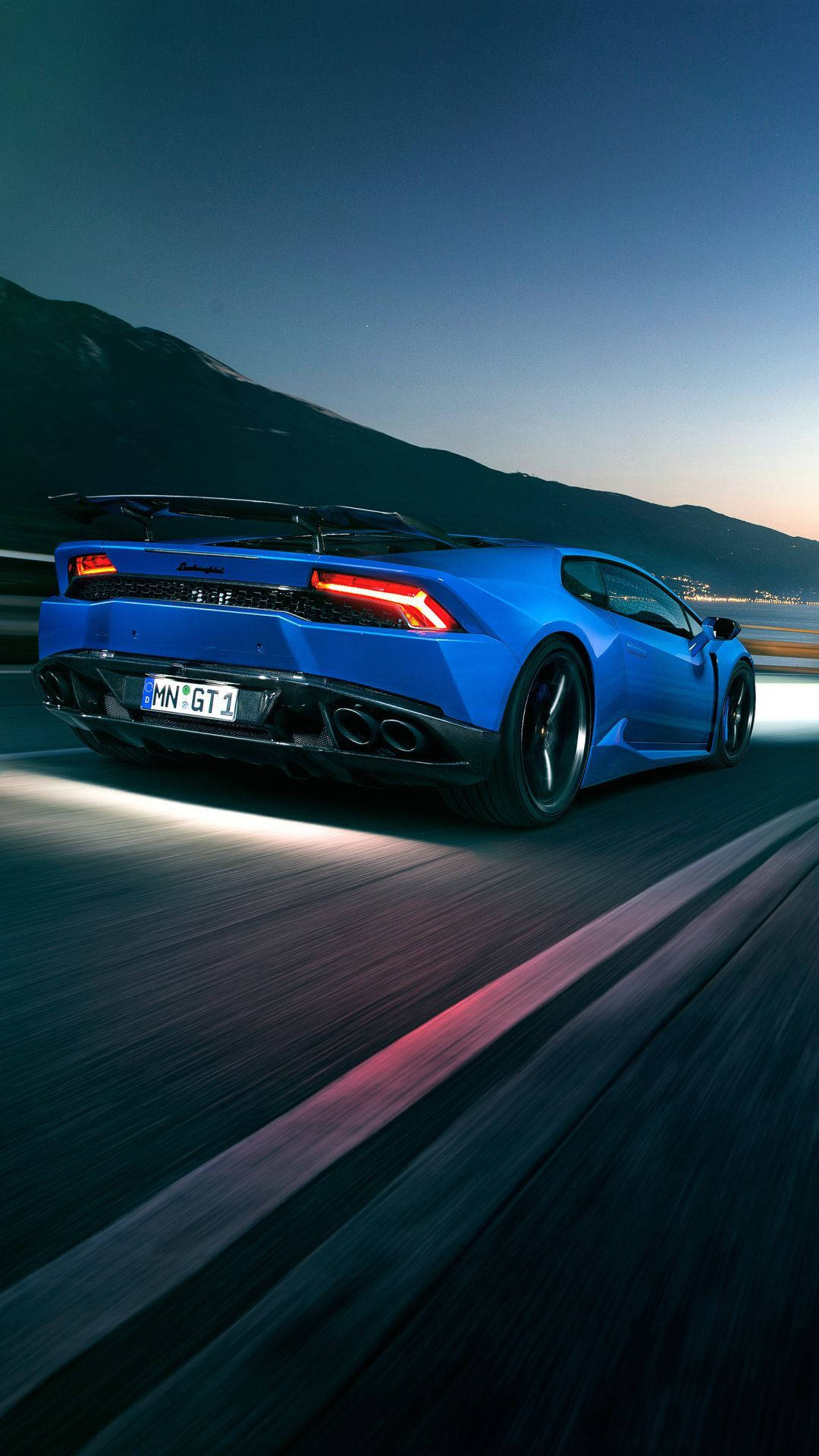 Novitec Lamborghini Huracan, MN GT 1 license plate, mountain highway at dusk, Full HD Phone wallpaper