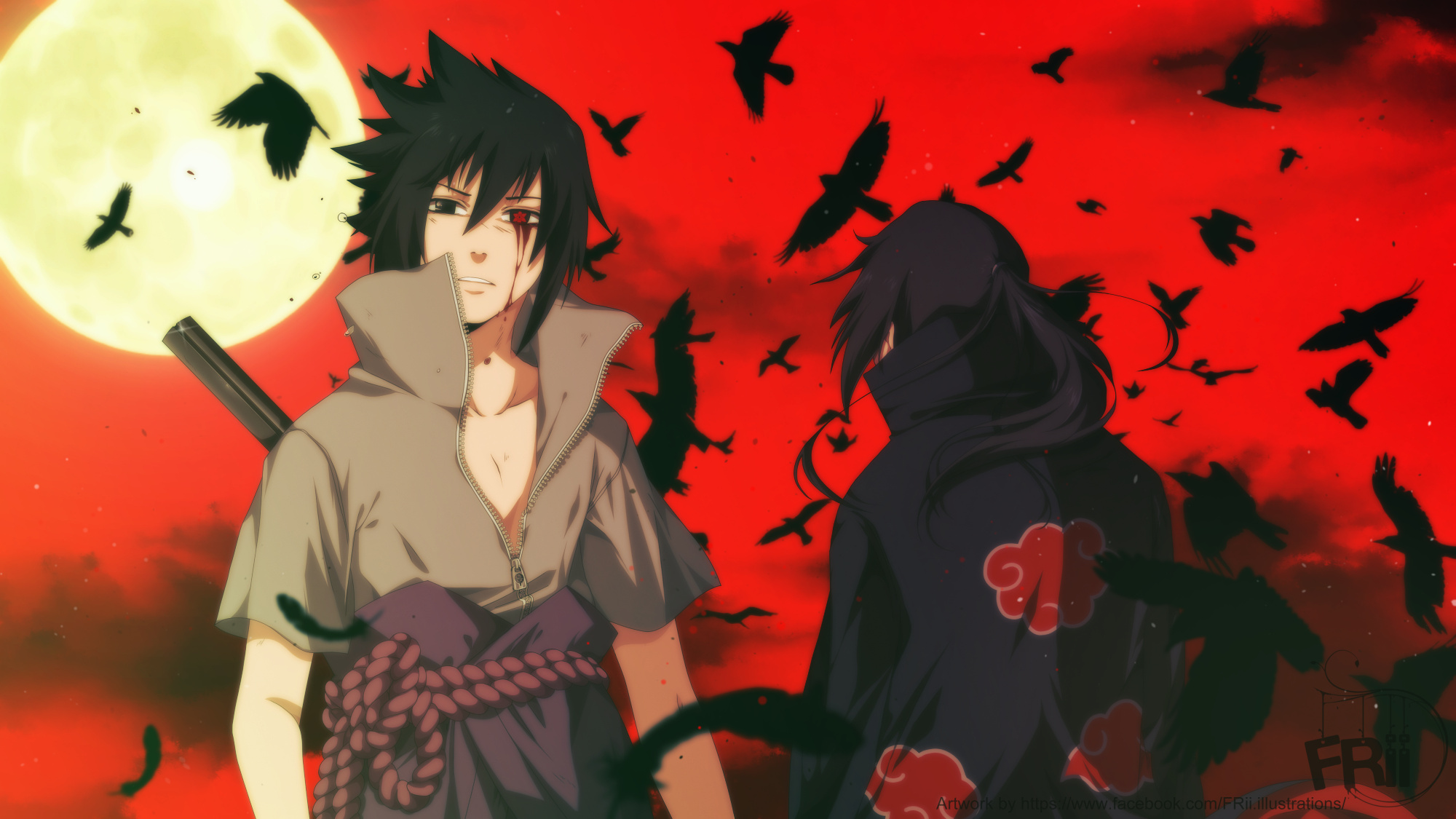 Sasuke Uchiha, Itachi Uchiha, black crows, Akatsuki cloak, HD Desktop wallpaper