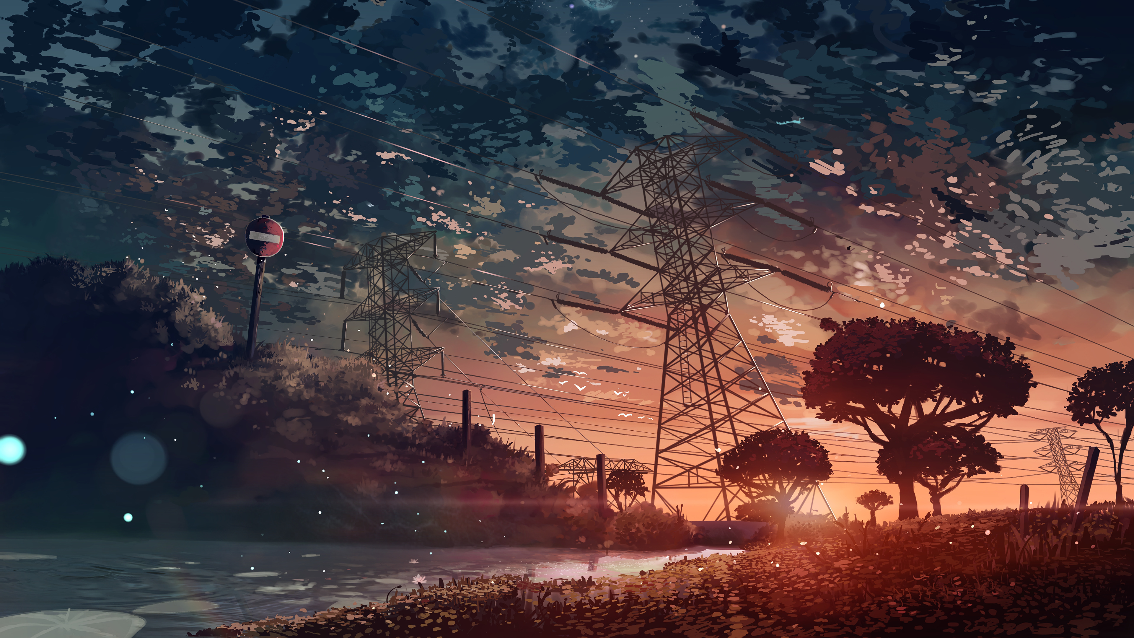 high voltage transmission tower, dusk anime sunset sky, water lily pond shoreline, 4K Desktop wallpaper