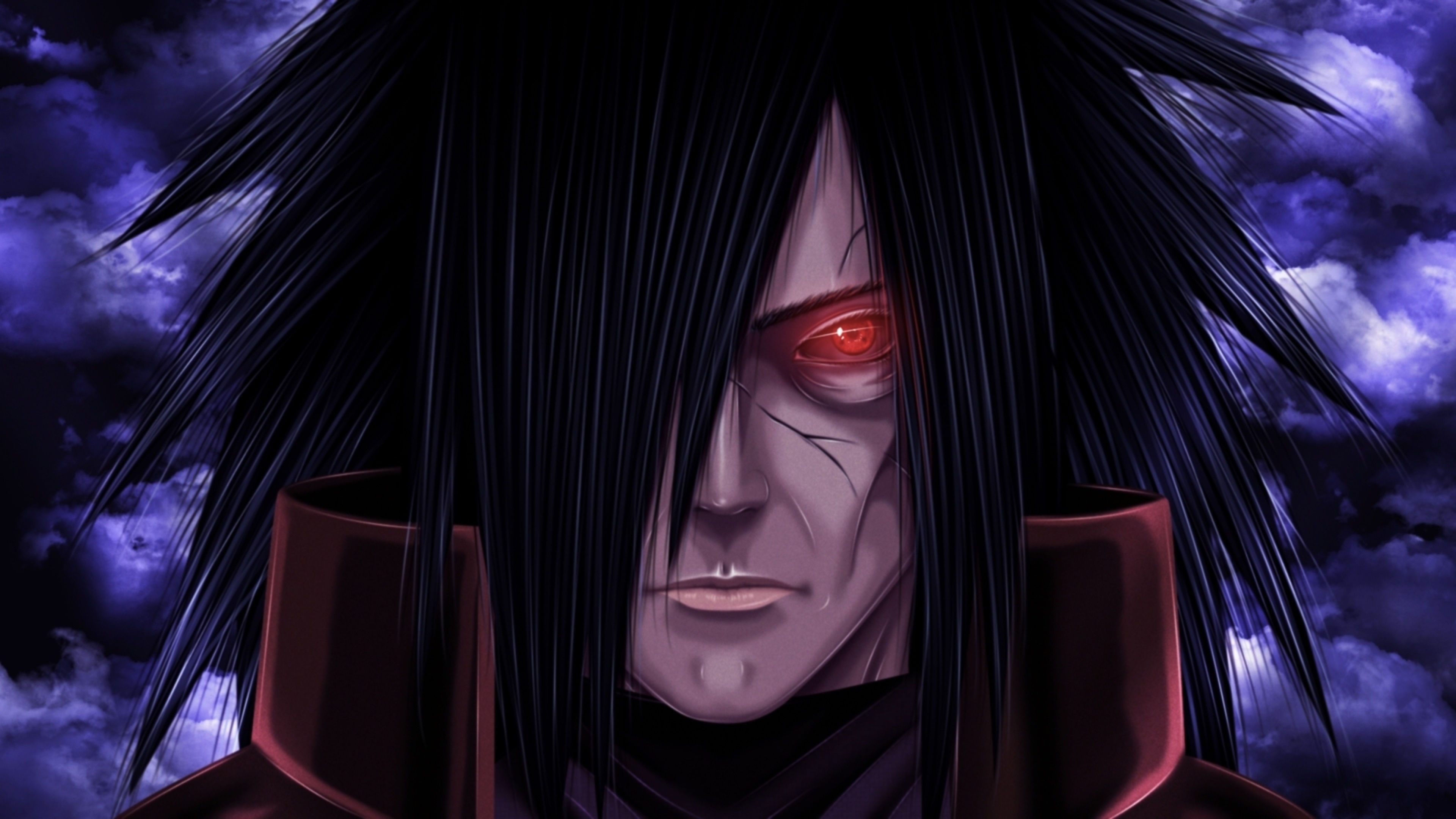 Reanimated Madara Uchiha, Glowing red Sharingan eye, Purple storm clouds, 4K Desktop wallpaper