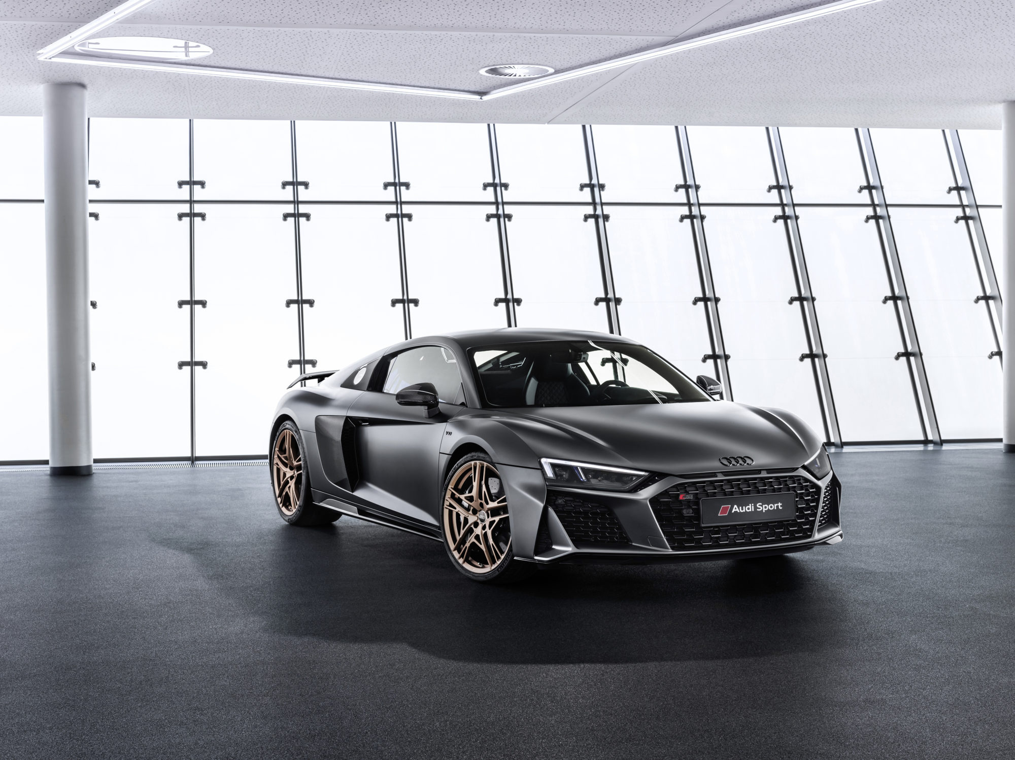 Audi R8 V10 Decennium, Audi Sport plate, modern glass showroom, HD Desktop wallpaper