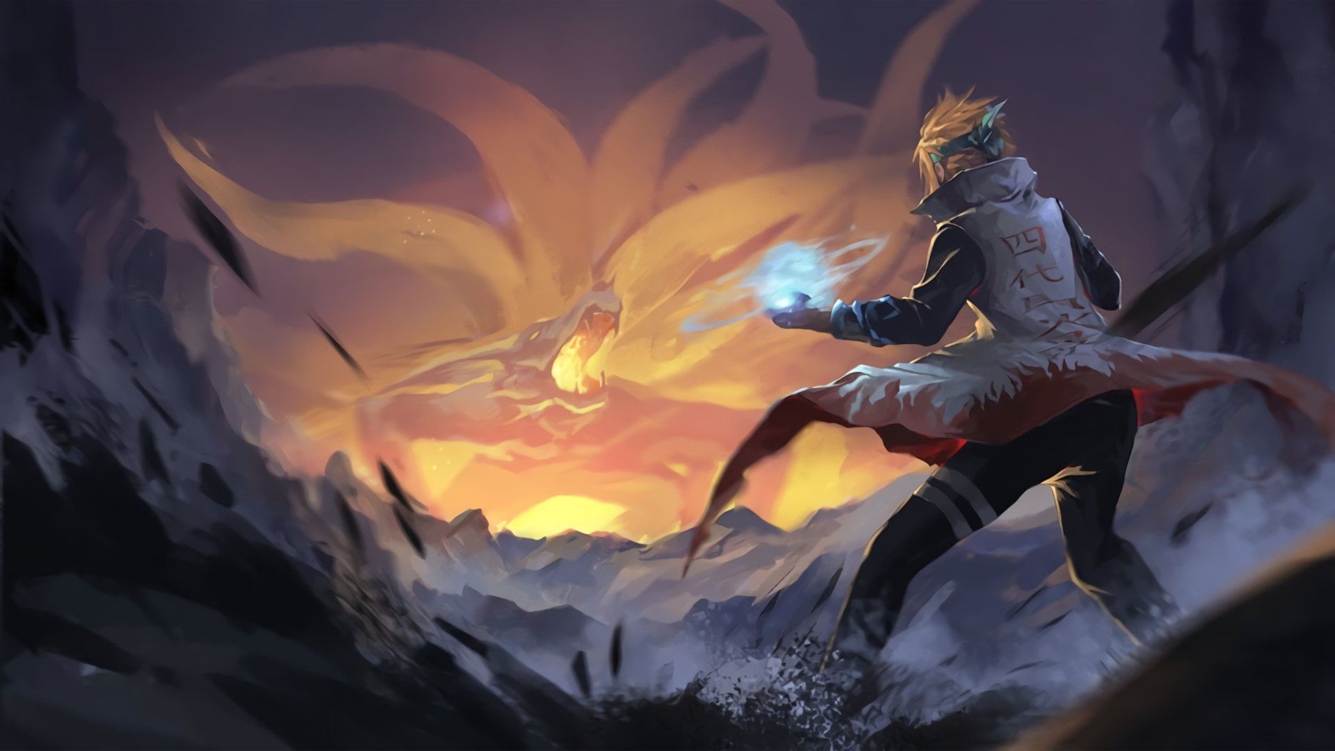 Minato Namikaze, Kurama Nine-Tails, glowing blue Rasengan, Full HD Desktop wallpaper