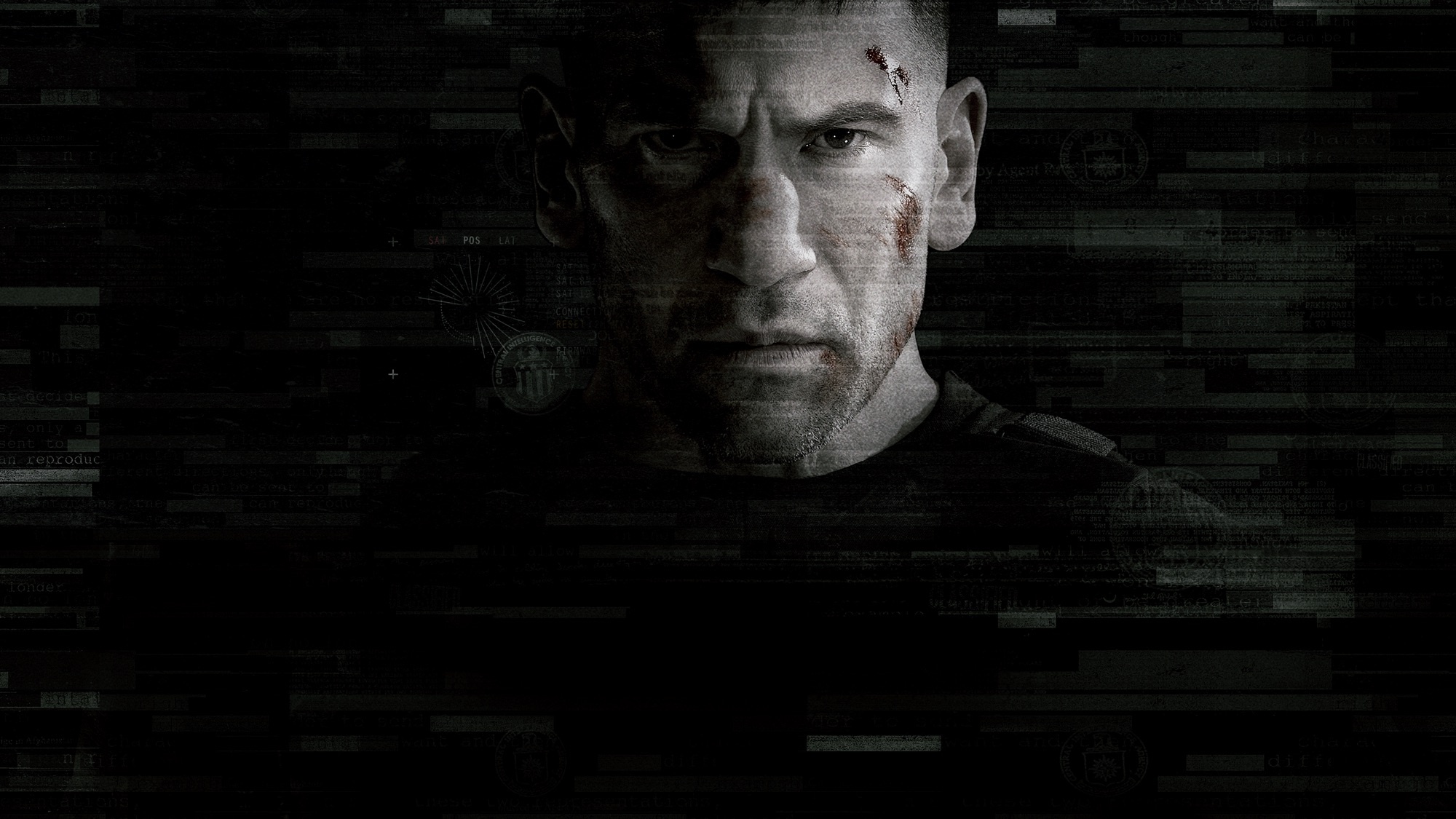 Jon Bernthal as Frank Castle, The Punisher TV series, Digital glitch dossier graphics, HD Desktop wallpaper