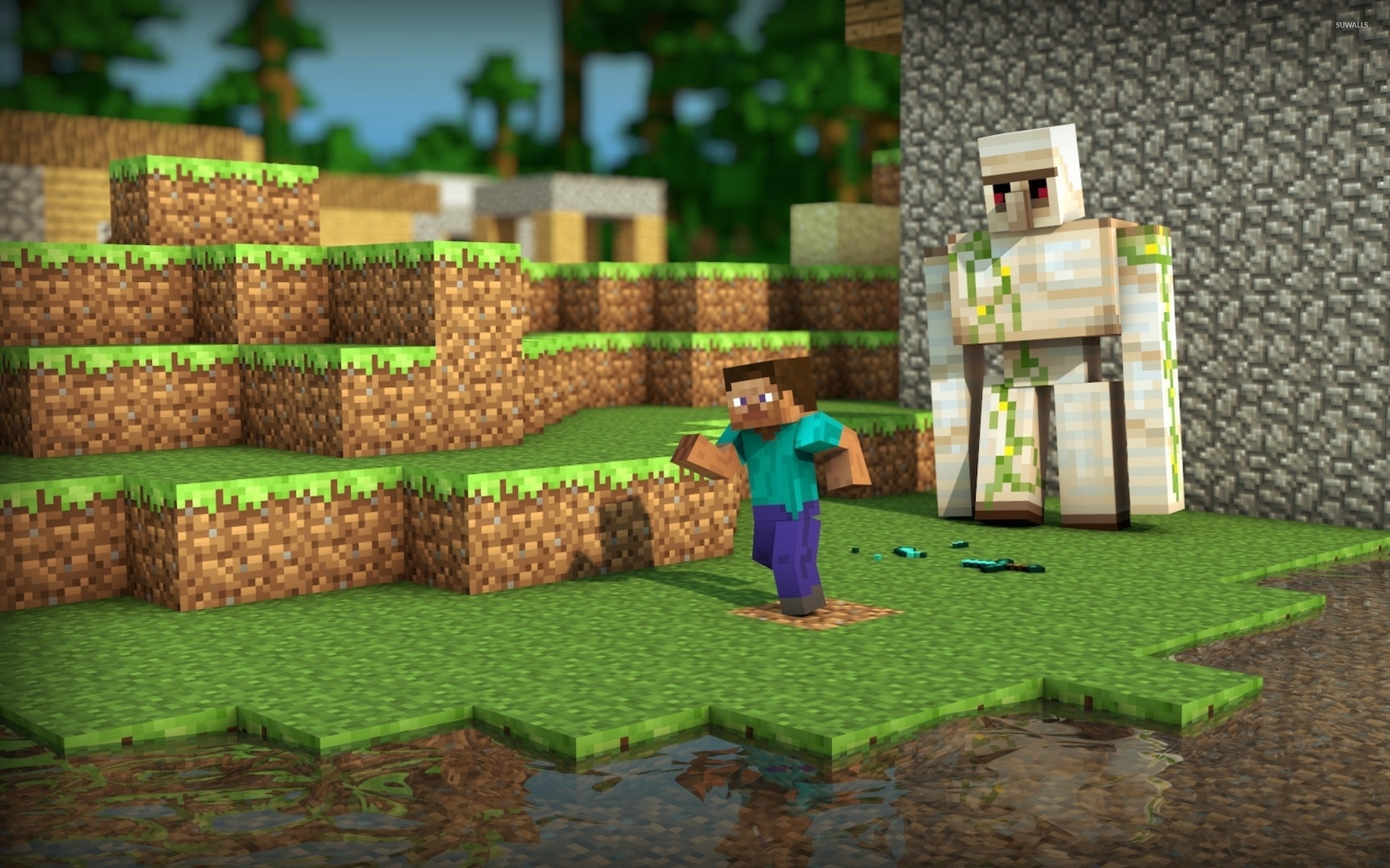 Steve from Minecraft, Minecraft Iron Golem, Minecraft grassy landscape, HD Desktop wallpaper