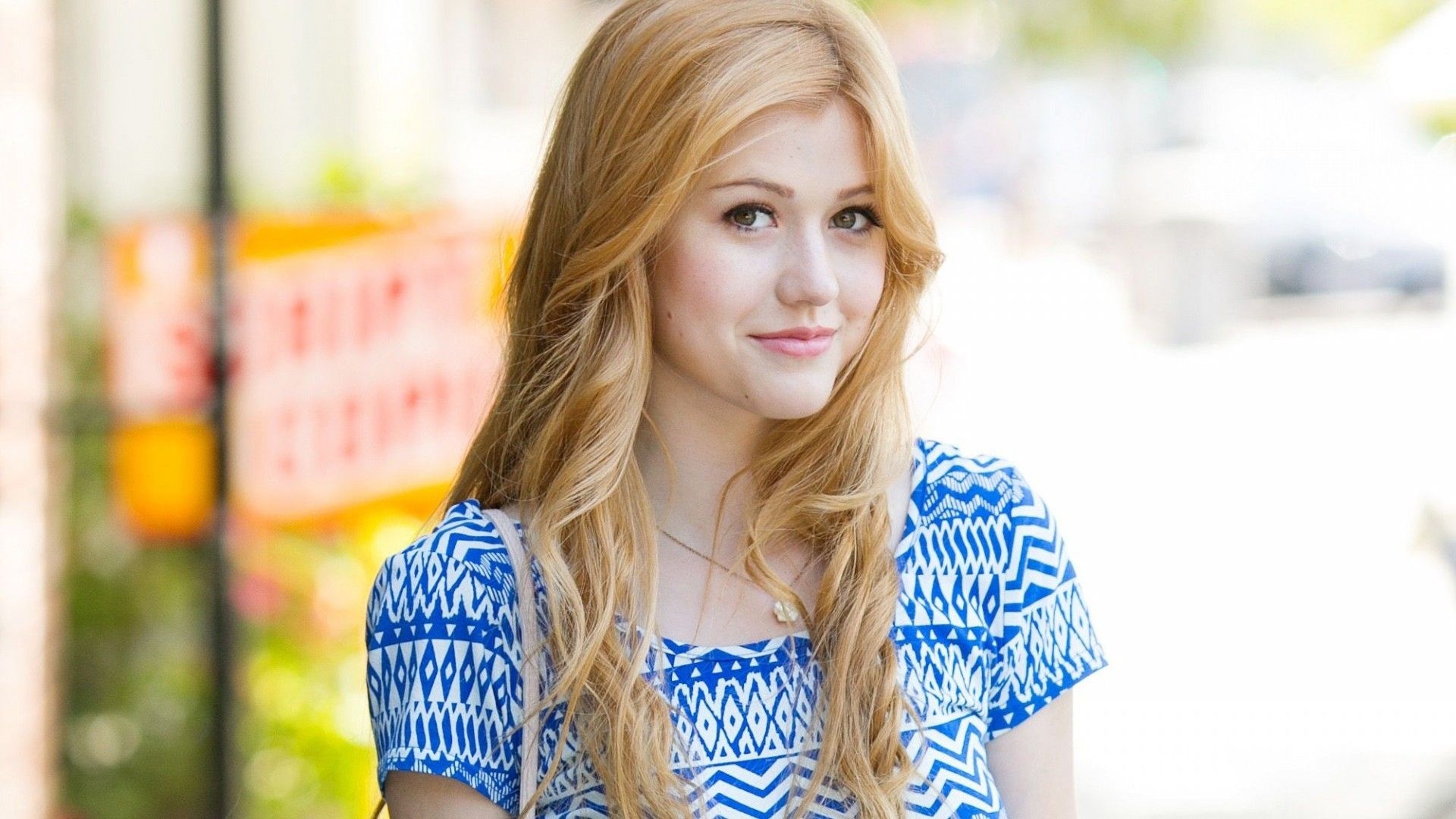 Katherine McNamara, blue geometric print top, strawberry blonde hair, Full HD Desktop wallpaper