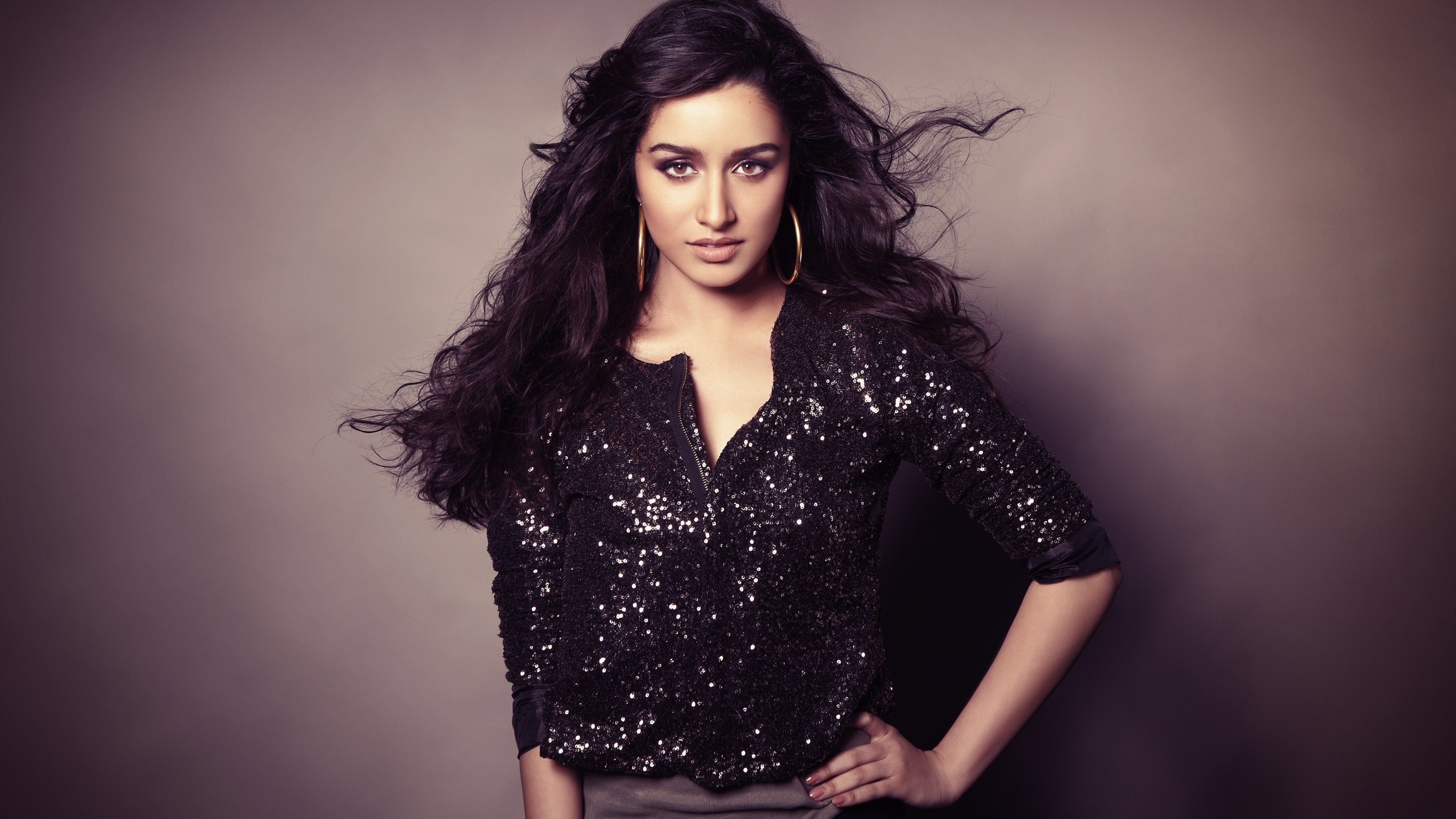 Shraddha Kapoor, black sequin top, gold hoop earrings, 4K Desktop wallpaper