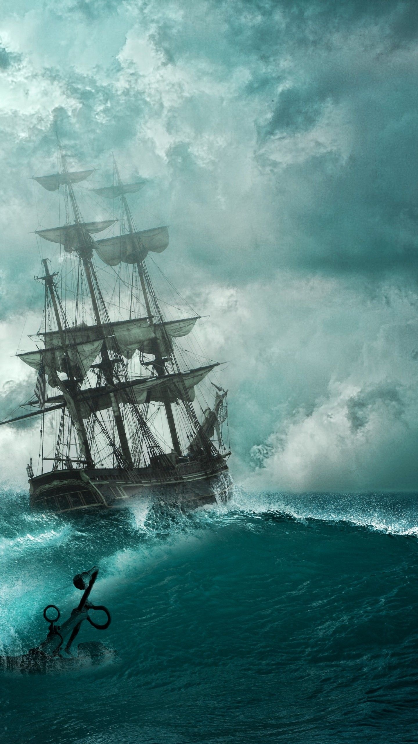 Three-masted wooden tall ship, Rough stormy ocean waves, Iron ship anchor splash, HD Phone wallpaper