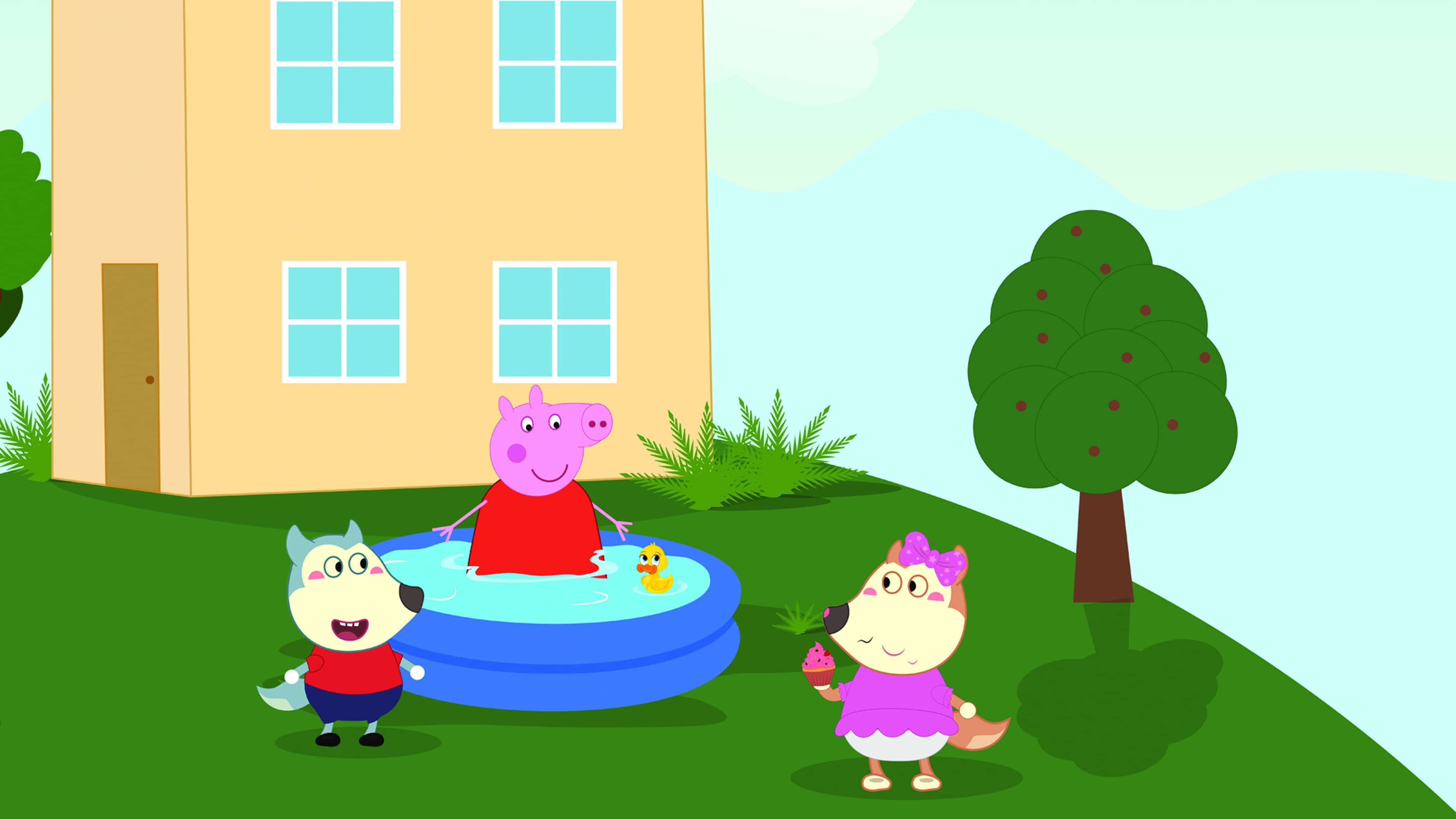 Peppa Pig, Blue inflatable paddling pool, Cartoon wolf characters, 4K Desktop wallpaper