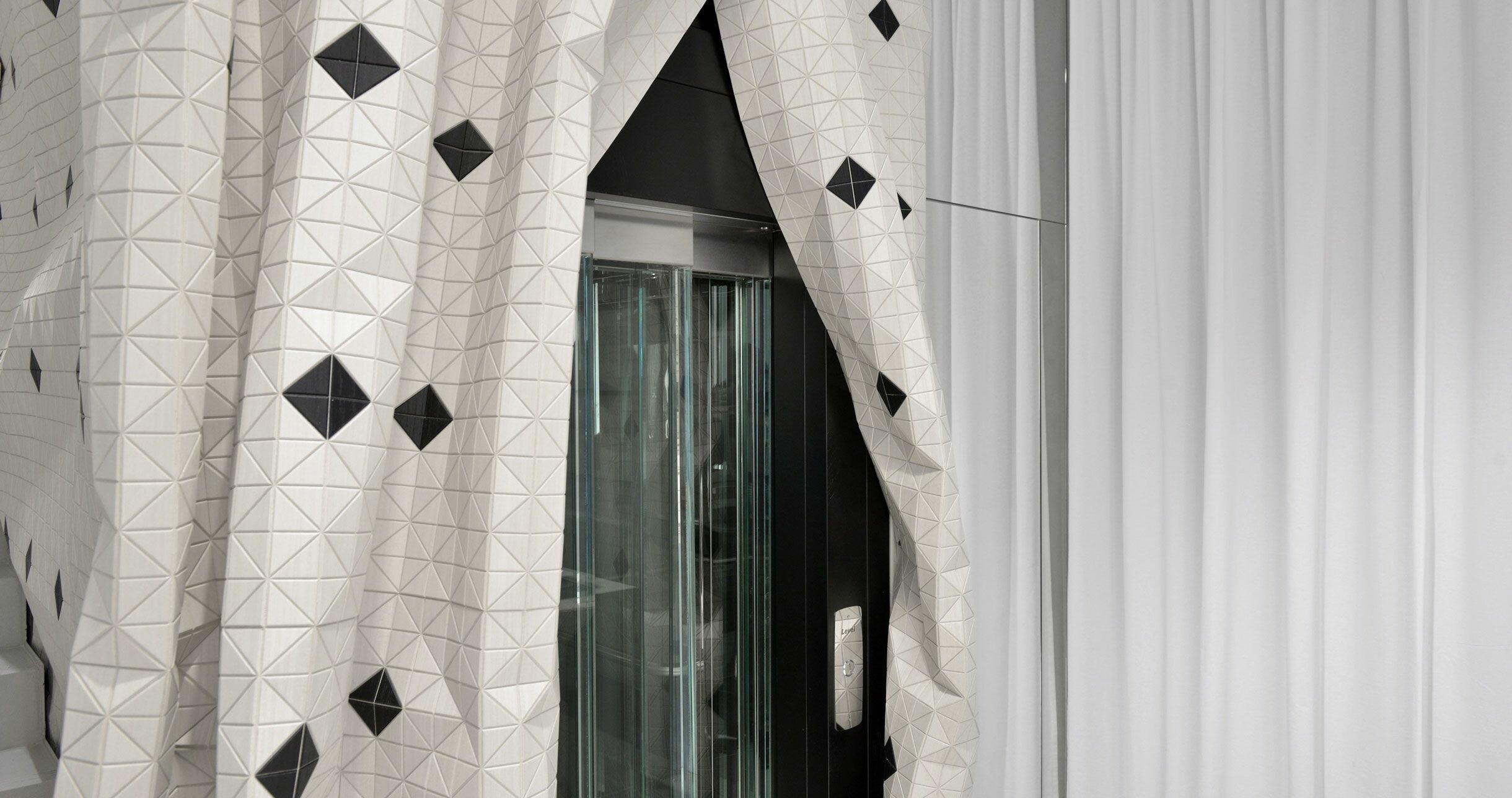 Maison Margiela, Milano, Drapes and curtains, Retail interior design, 2440x1290 HD Desktop