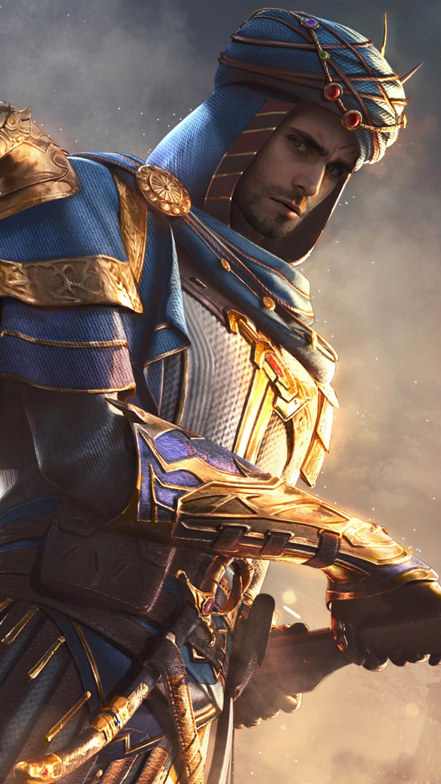 PUBG Mobile character, blue jeweled turban, ornate golden gauntlet armor, HD Phone wallpaper