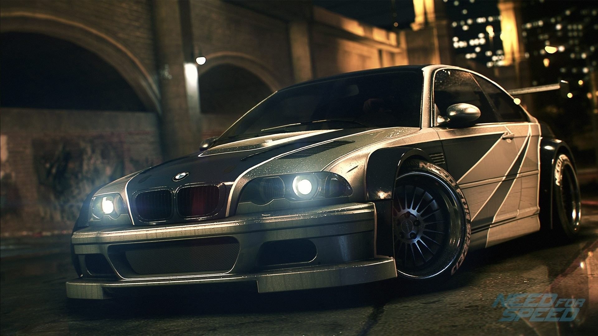BMW M3 GTR E46, NEED FOR SPEED text, wet urban underpass at night, Full HD Desktop wallpaper