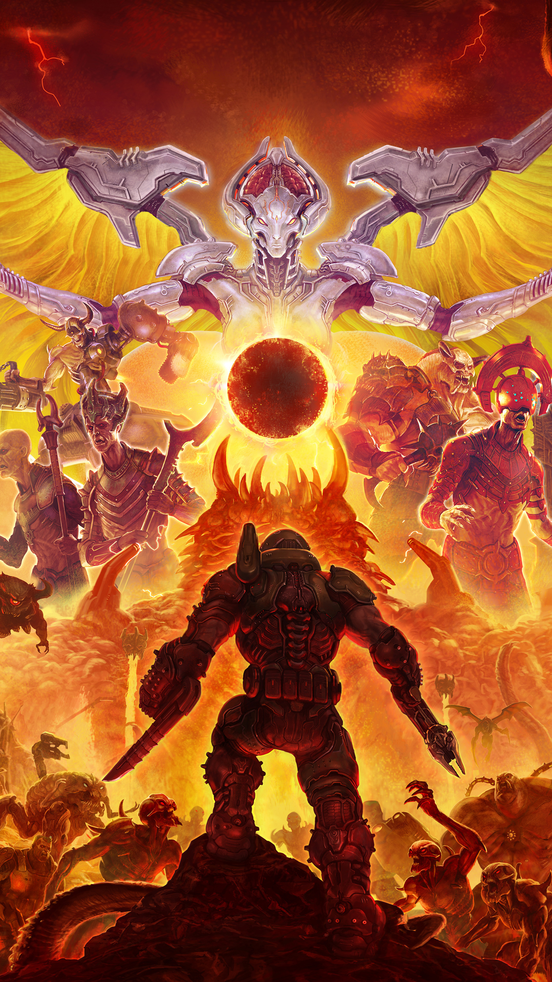 Doom Slayer, Khan Maykr, DOOM Eternal, Hell demon horde, 4K Phone wallpaper